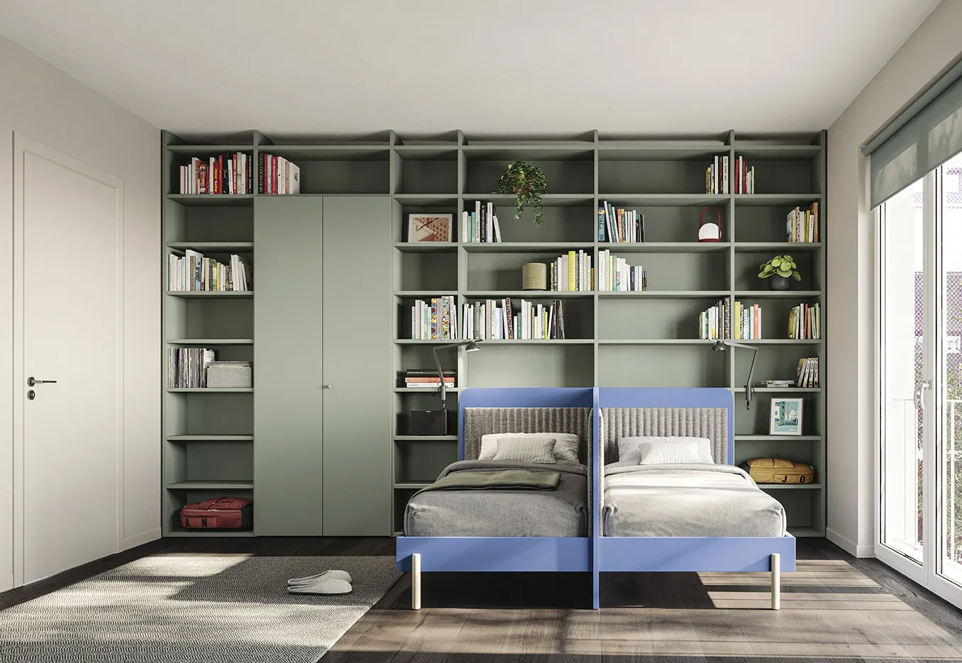 Camera per due Golf Young's Space Colombini con parete libreria salvia, armadio integrato e letti affiancati