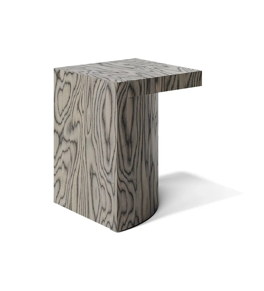 Tavolino Tetris High S Dienne con fusto curvo e piano a sbalzo in legno venato
