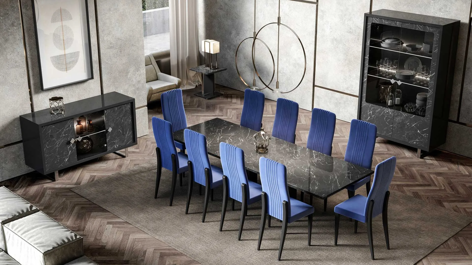 Sala da pranzo Sky Euro Design con tavolo marmorizzato e sedie blu