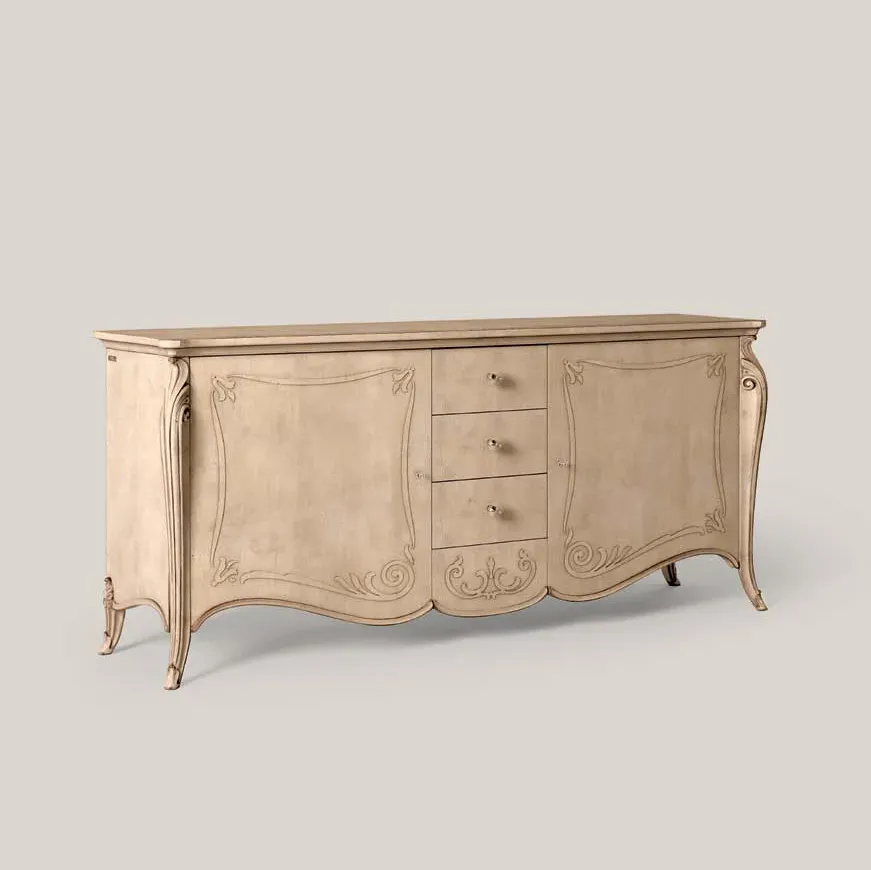 Credenza sagomata Opera Francesco Pasi in tinta naturale con gambe curve, foto su fondo grigio