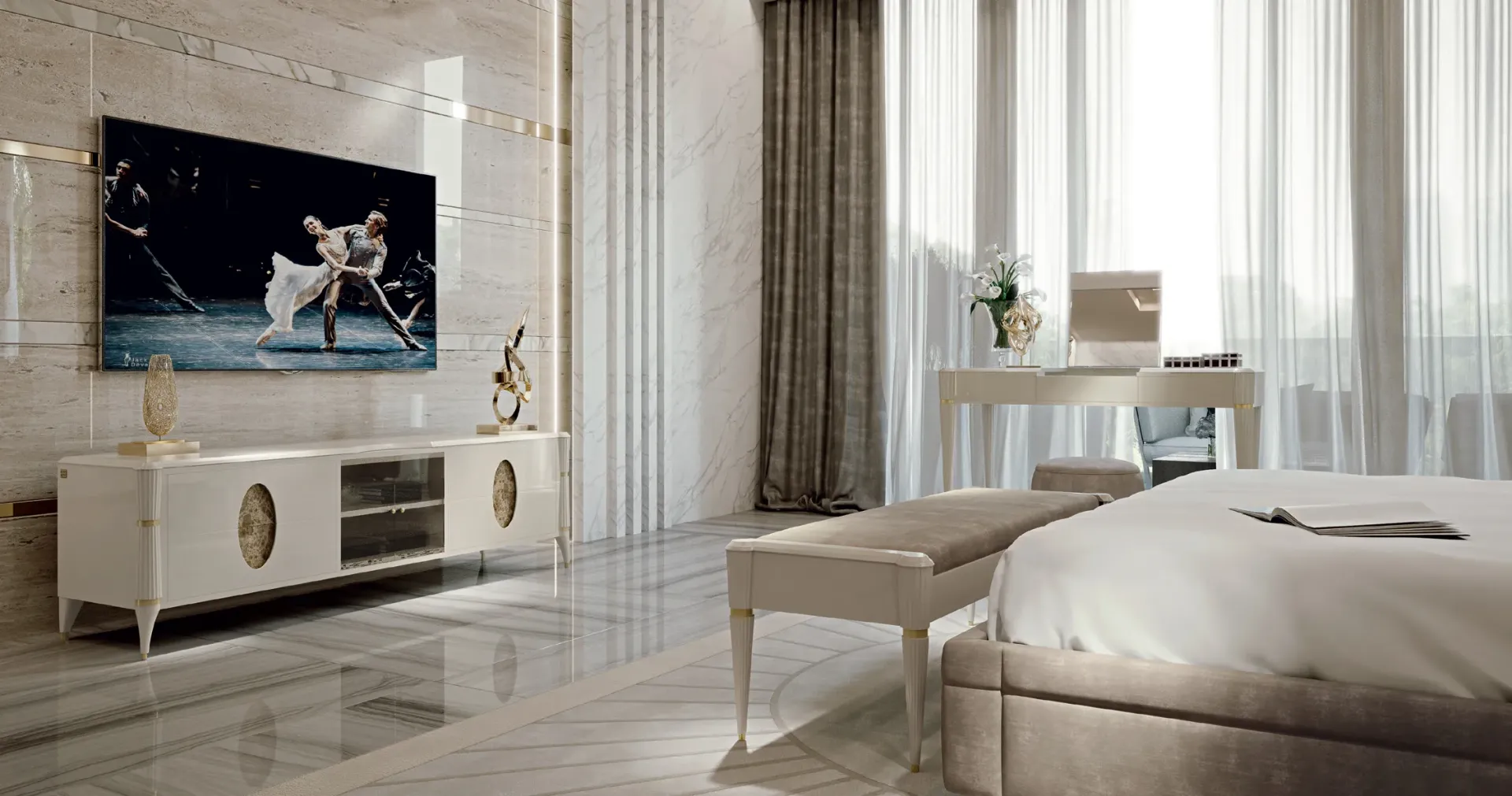 Base TV Ellipse Francesco Pasi sotto il televisore in un soggiorno luminoso con tende