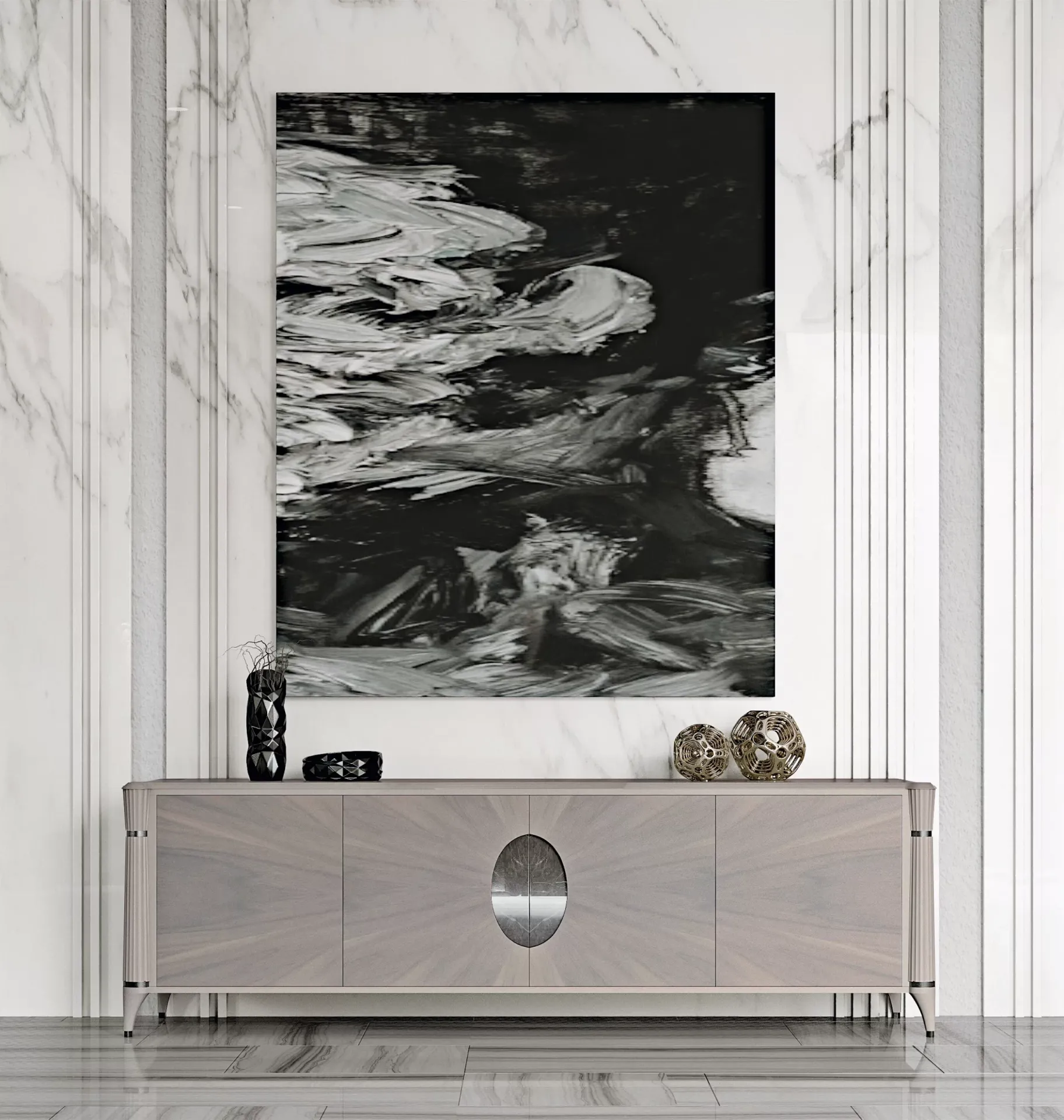 Credenza Ellipse Francesco Pasi grigio chiaro sotto un grande quadro astratto