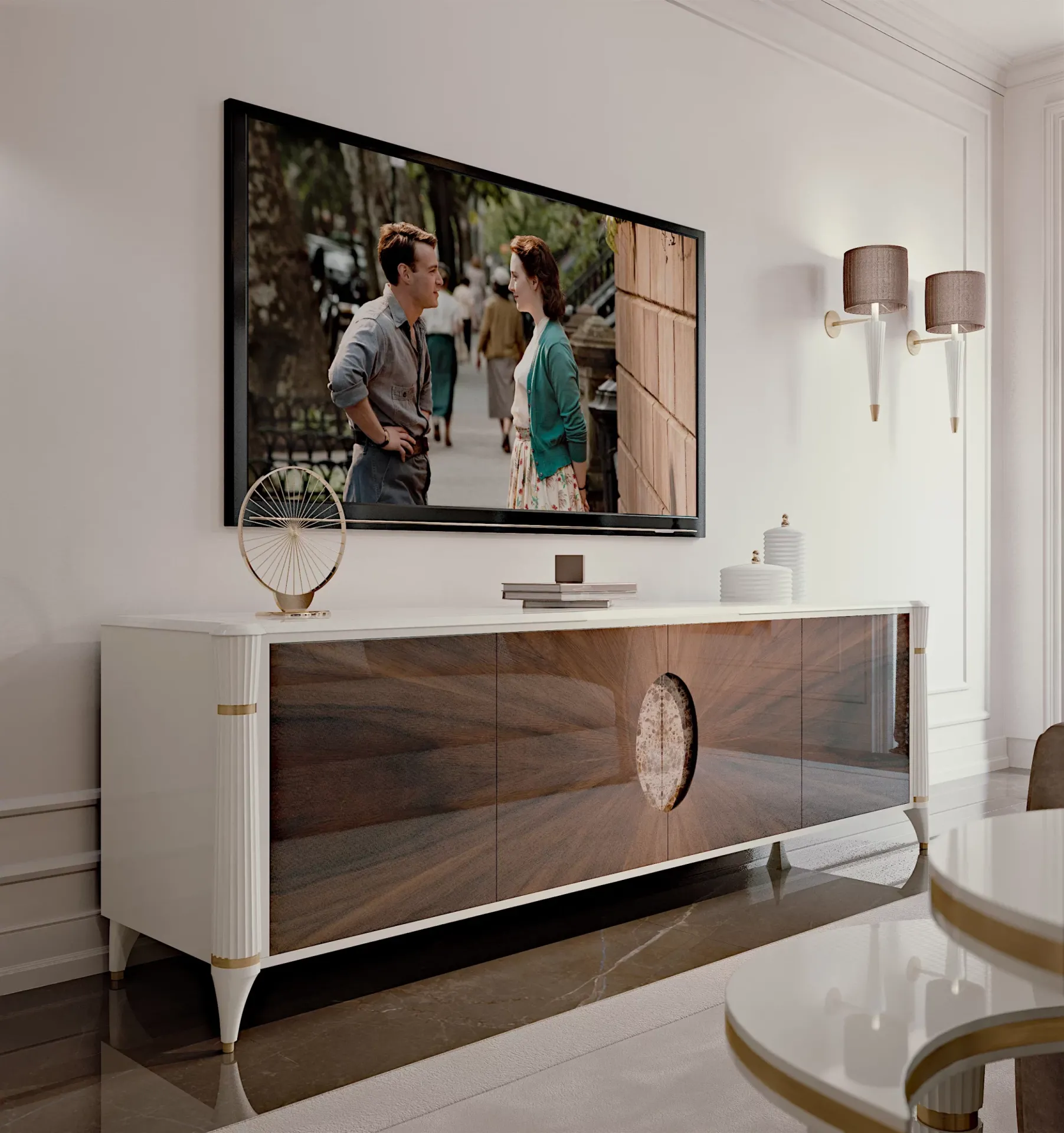 Credenza Ellipse Francesco Pasi con ante in legno scuro sotto il televisore