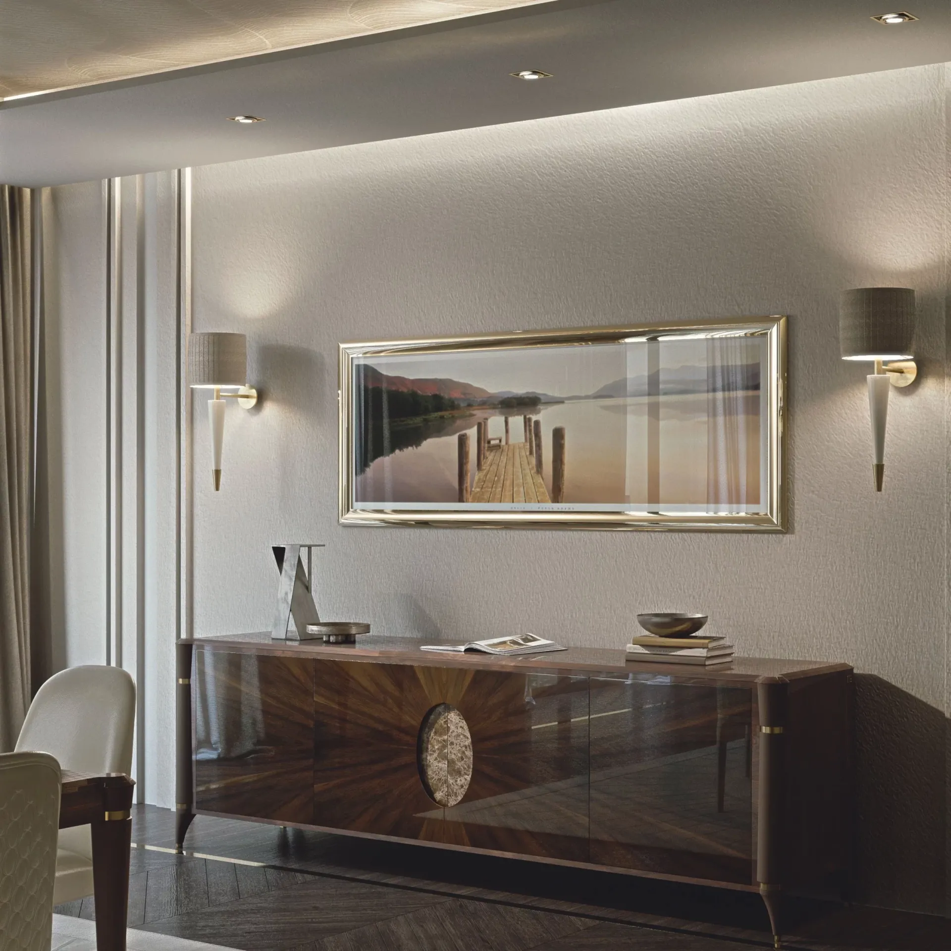 Credenza Ellipse Francesco Pasi scura in sala da pranzo sotto uno specchio rettangolare