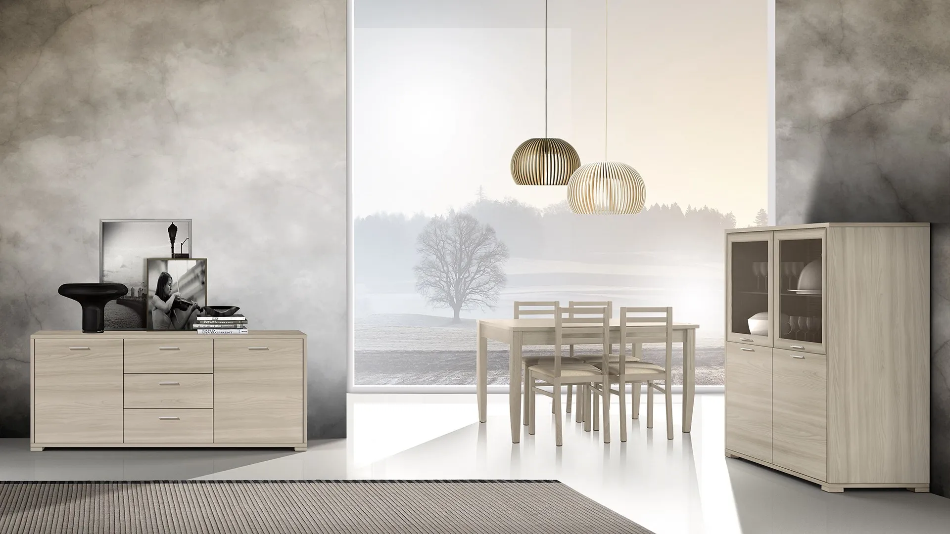 Soggiorno Jazz J070 Gierre con credenza, tavolo e vetrina in legno chiaro