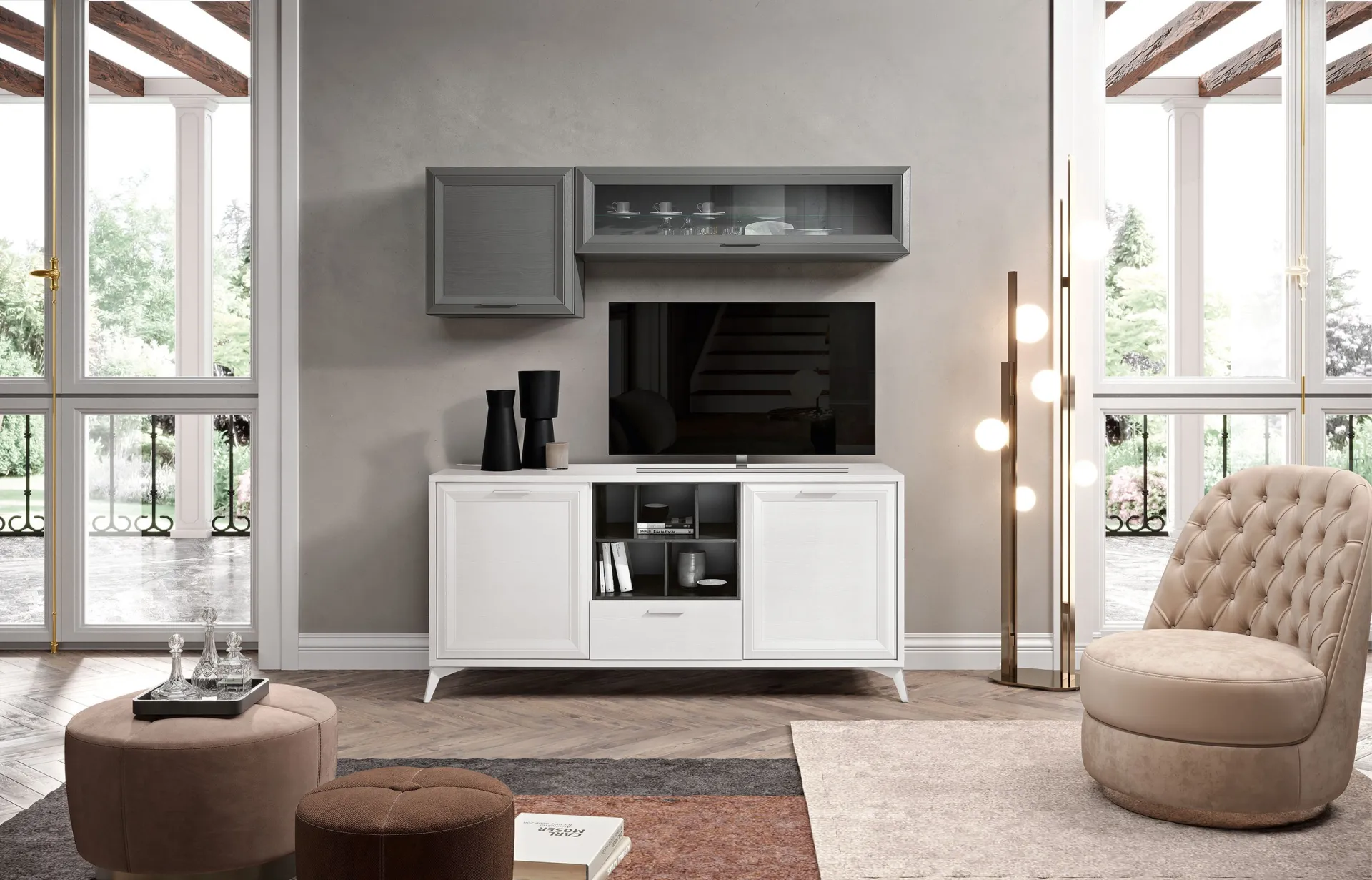 Madia Jazz Sideboard J114 Gierre bianca con vano centrale e pensili grigi sopra la TV