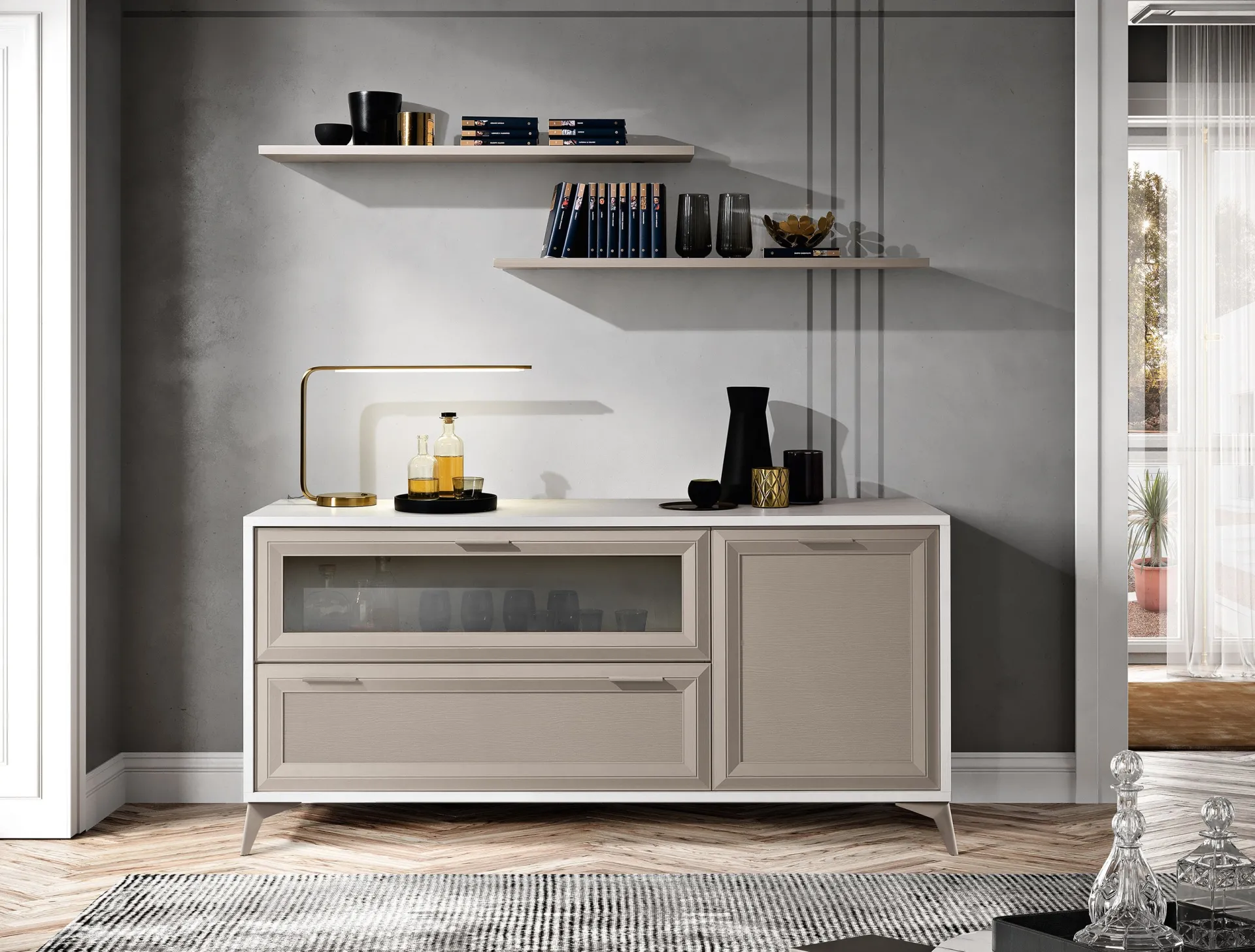 Madia Jazz Sideboard J117 Gierre in canapa con ribalta in vetro e mensole a parete