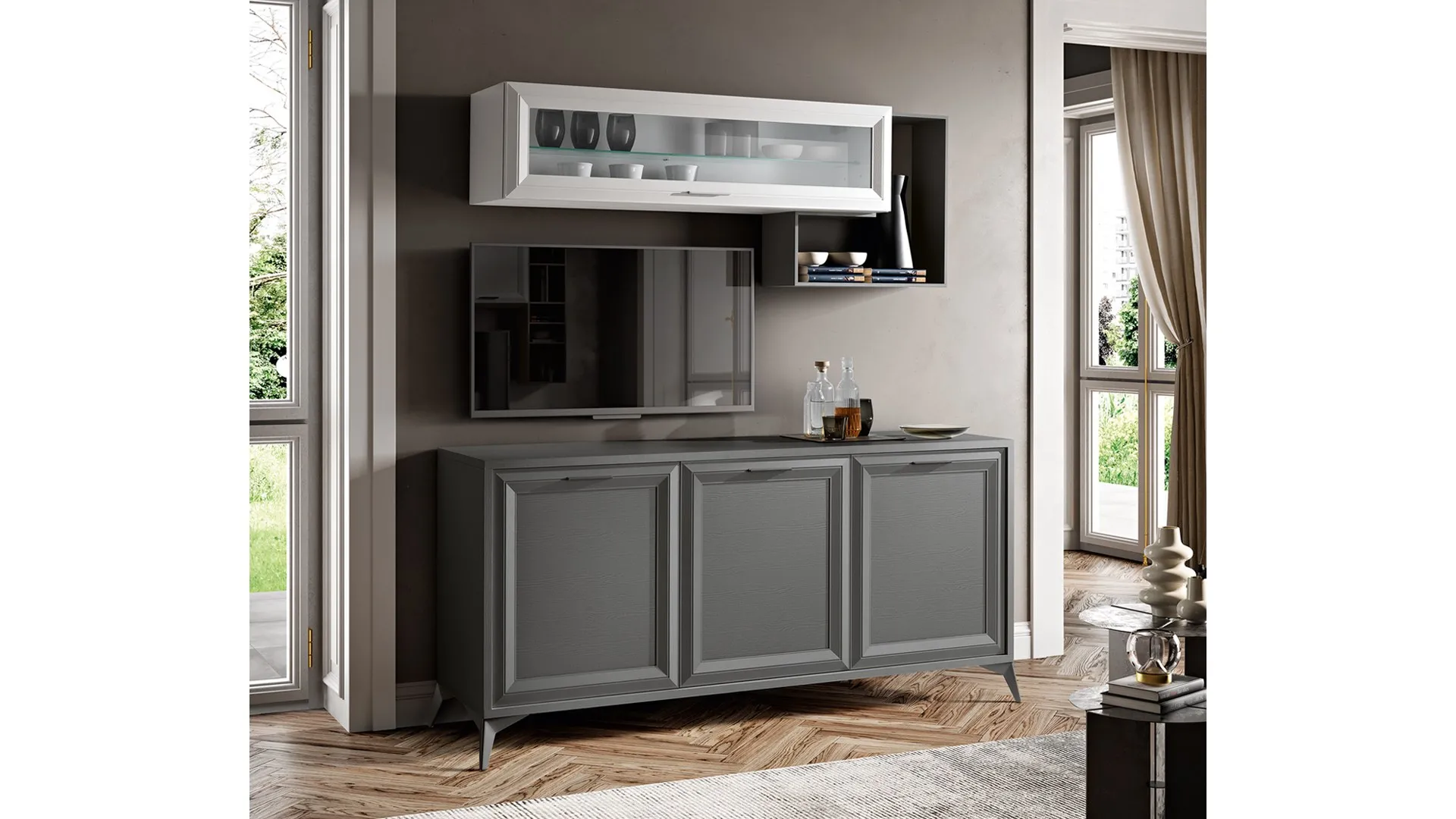 Madia Jazz Sideboard J118 Gierre grigia a tre ante con pensile bianco a vetro