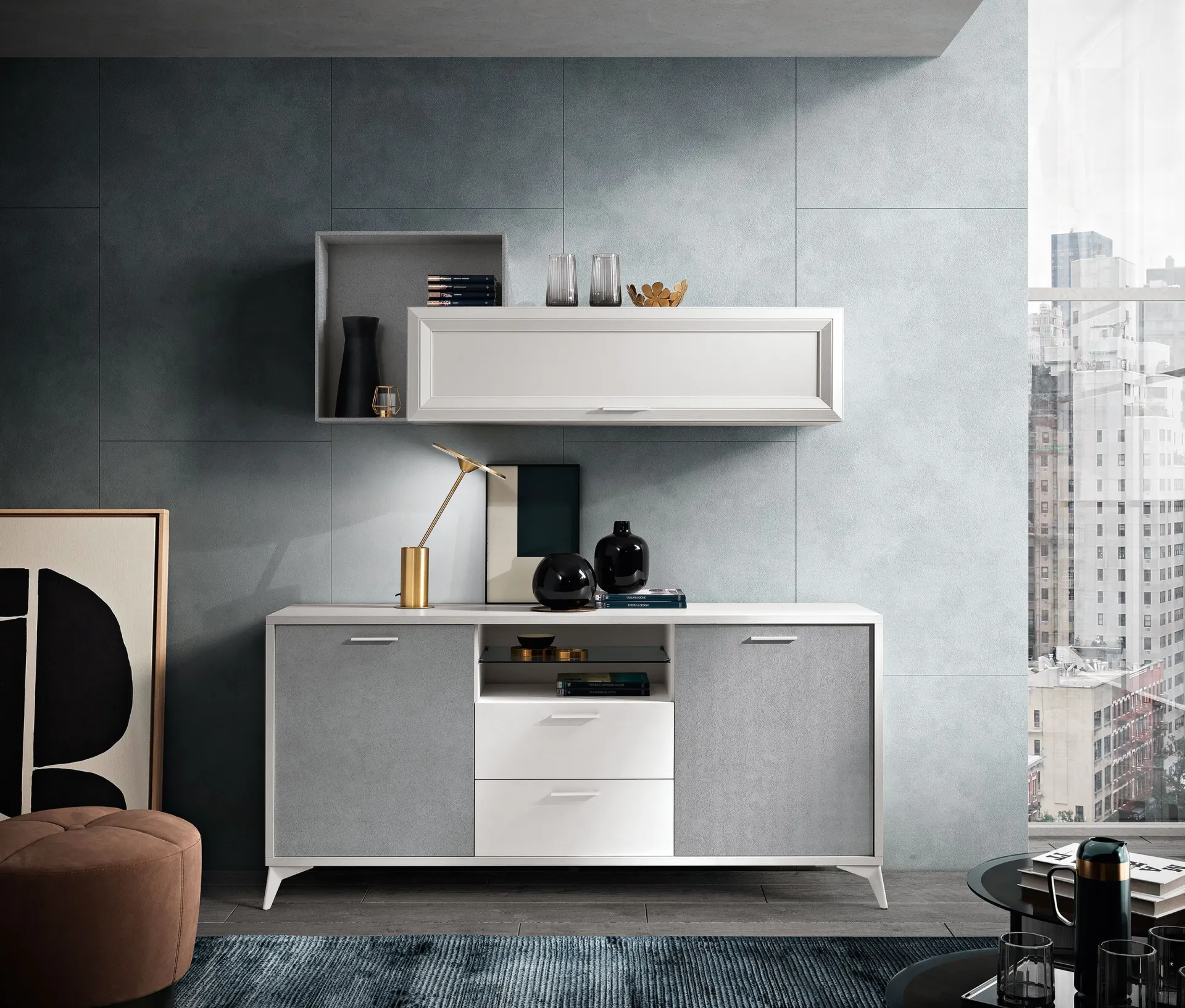 Madia Jazz Sideboard J122 Gierre con ante grigie, cassetti bianchi e pensile a parete