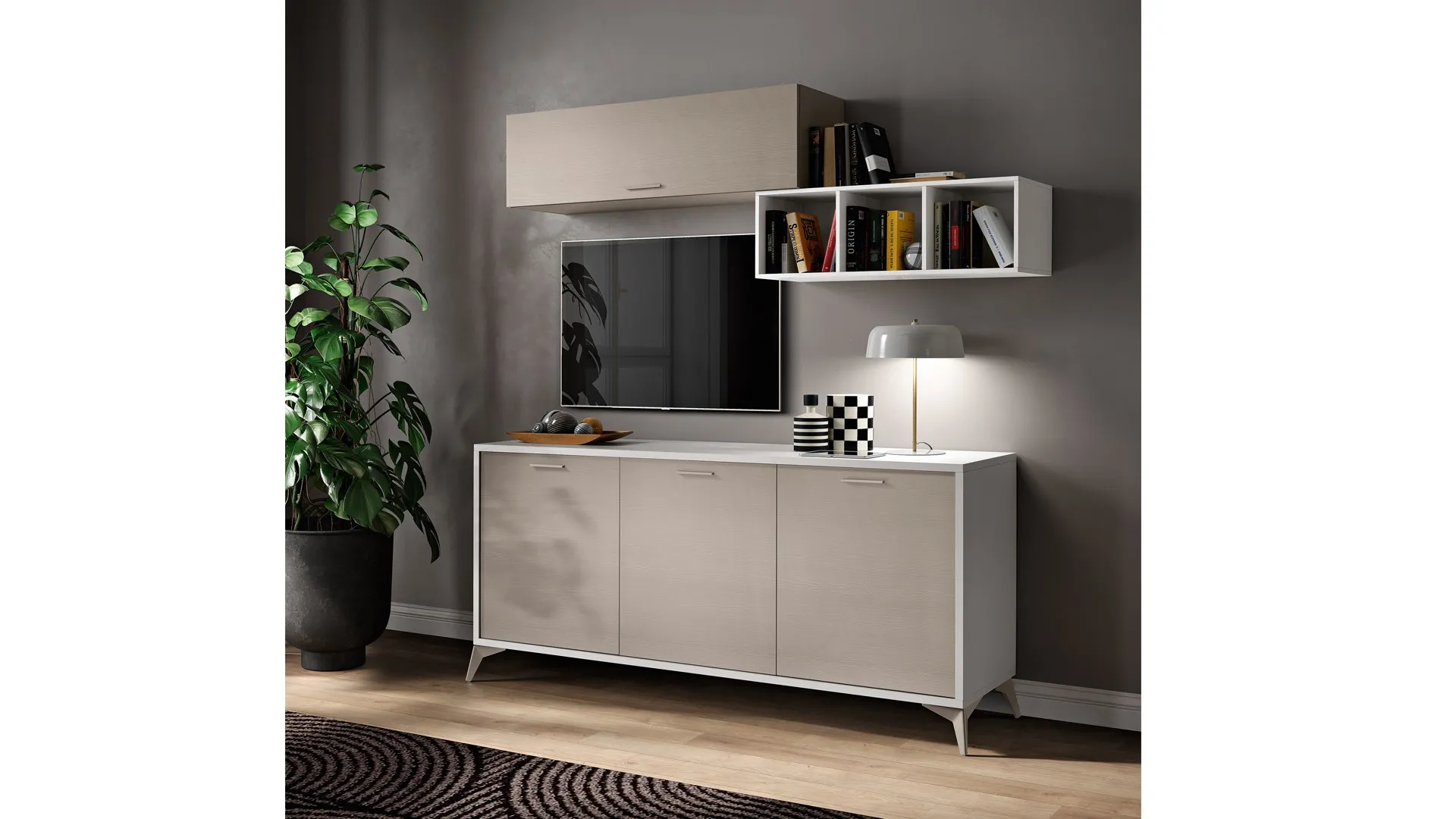 Madia Jazz Sideboard J127 Gierre in canapa con pensile e libreria aperta
