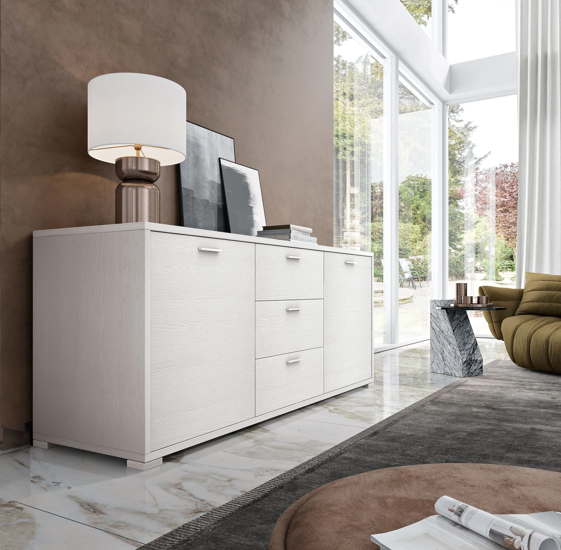 Madia Jazz Sideboard J128 Gierre bianca con due ante e cassetti in un soggiorno luminoso