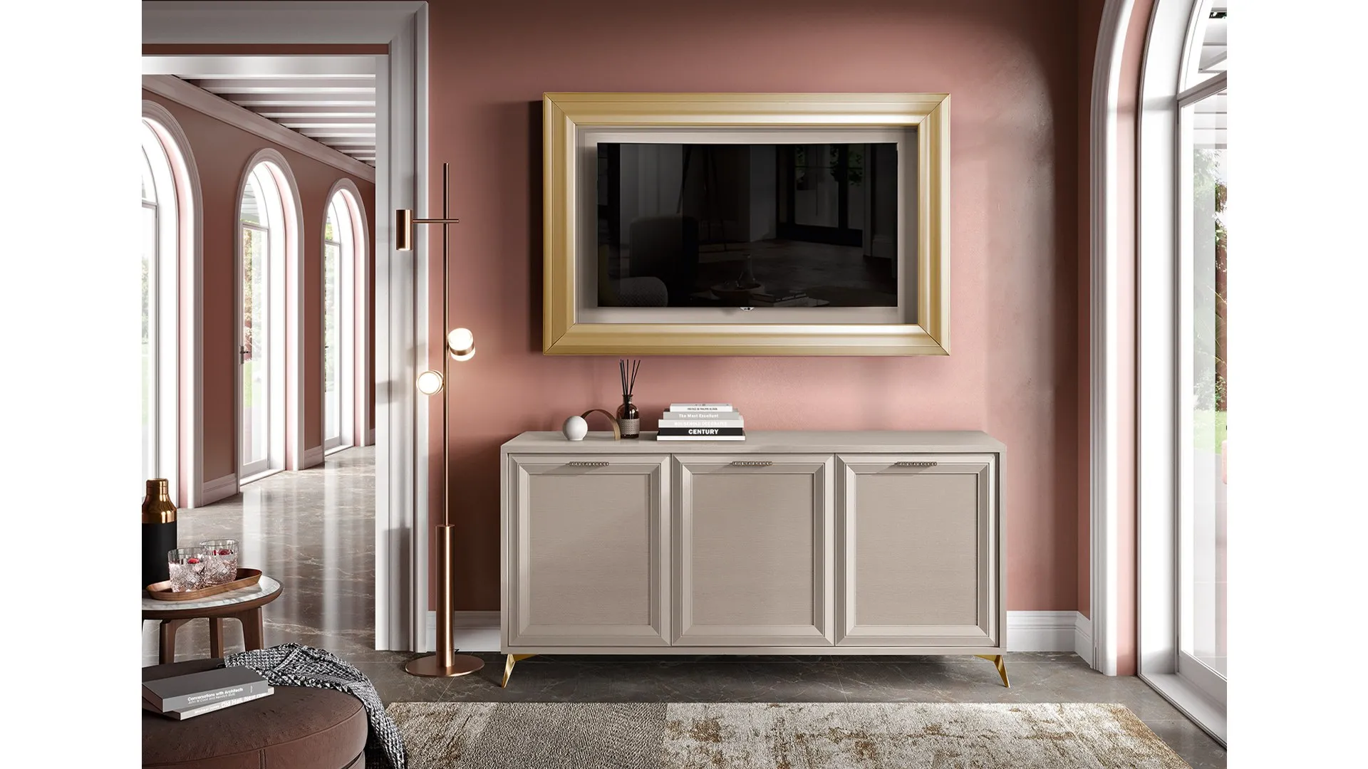 Madia Jazz Sideboard J140 Gierre in canapa con cornice dorata attorno alla TV