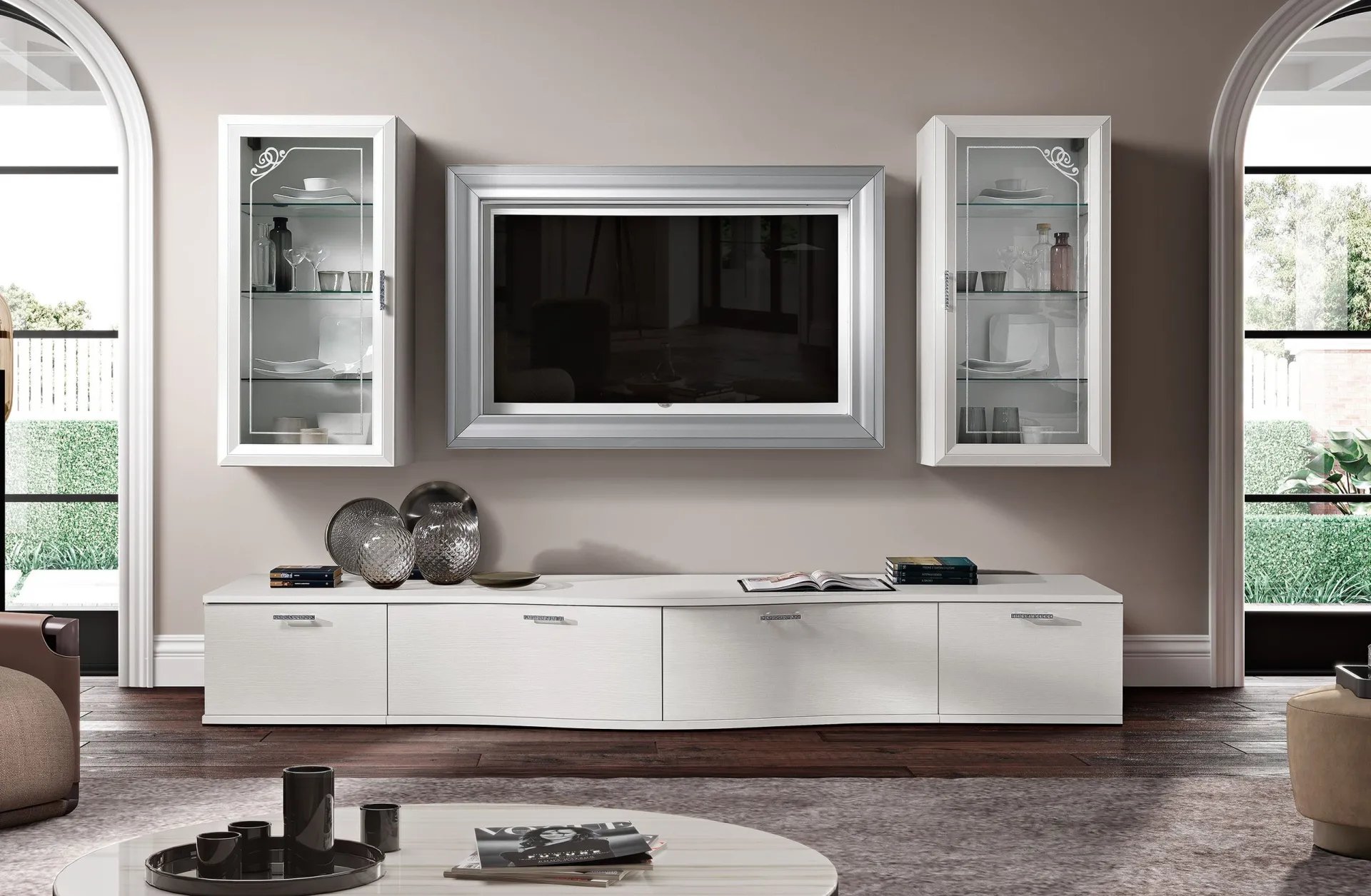 Parete attrezzata Jazz Luxury J137 Gierre con cornice argento per TV e vetrine decorate