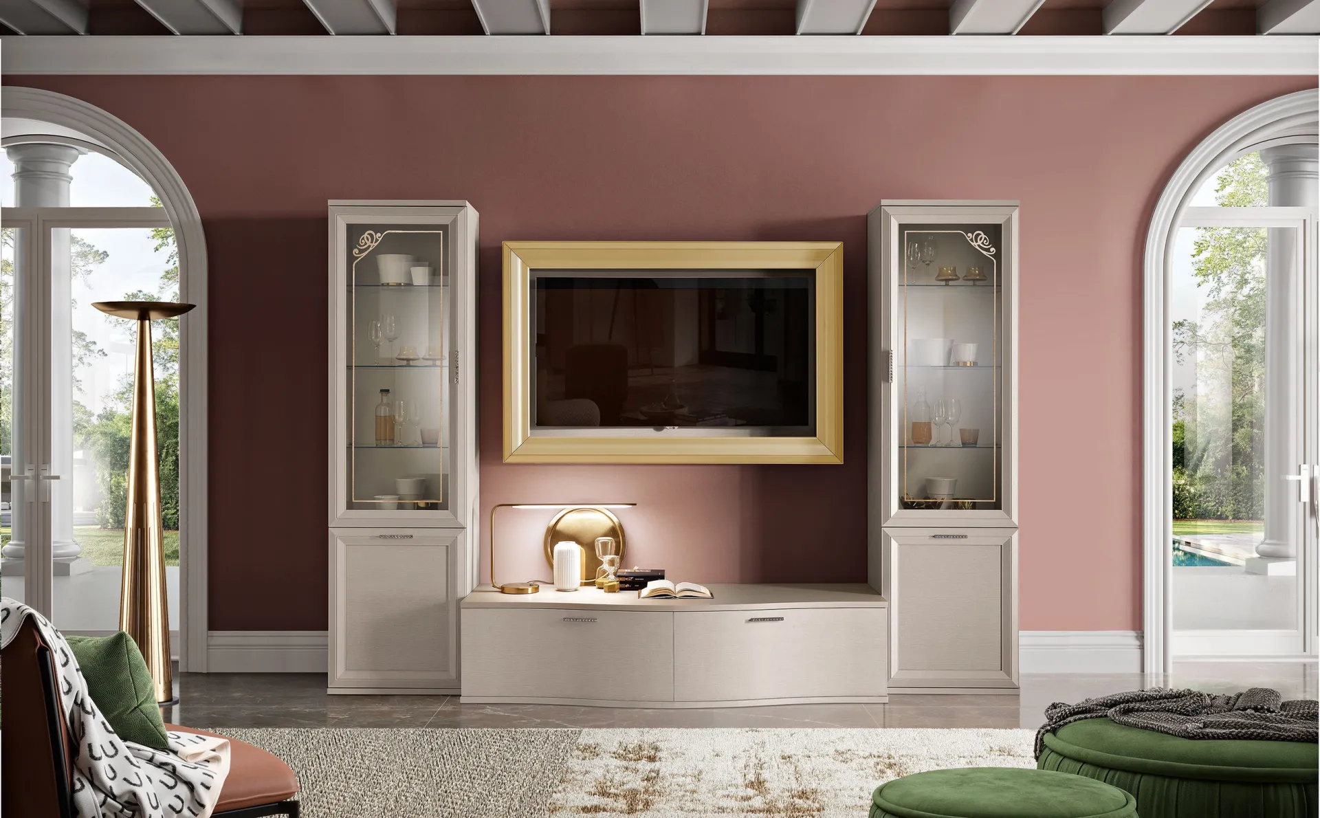 Parete attrezzata Jazz Luxury J139 Gierre in canapa con cornice dorata e vetrine alte