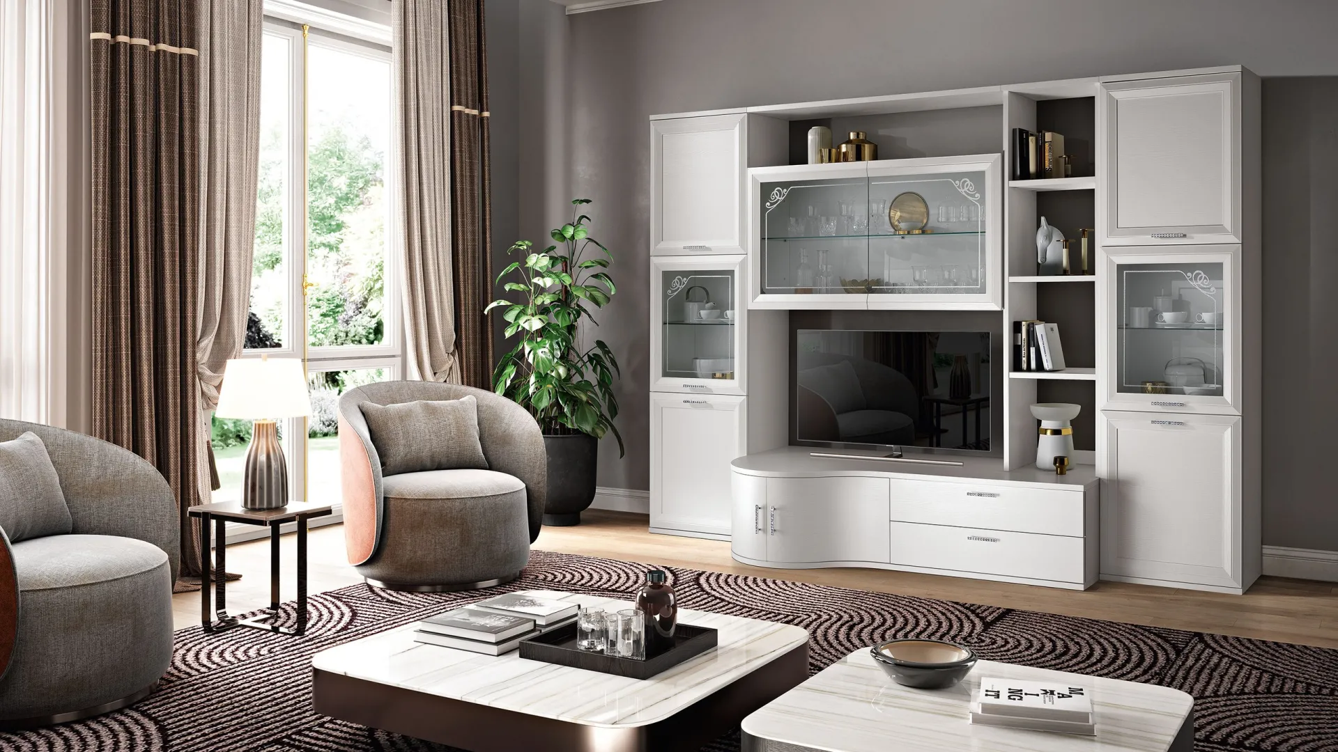 Parete attrezzata Jazz Luxury J141 Gierre bianca con vetrine e libreria a giorno