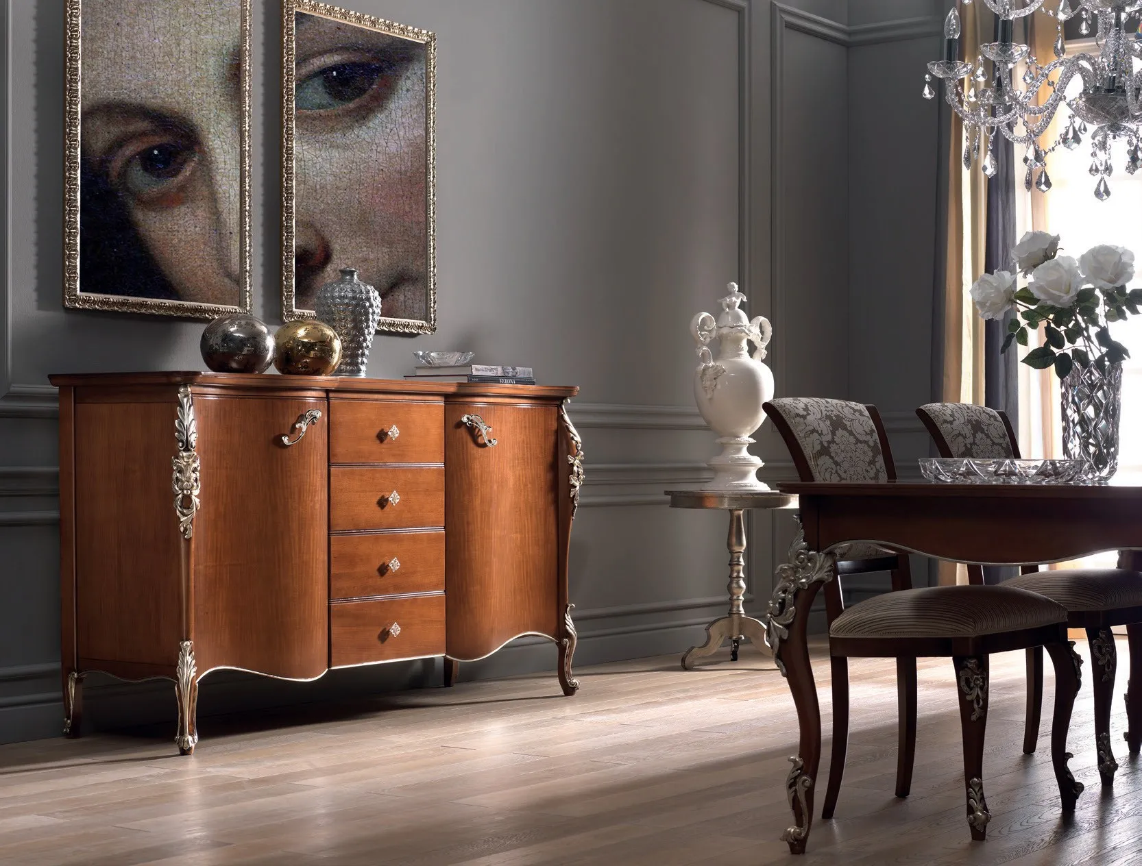 Credenza Venere Imba in noce con fronte sagomato in sala da pranzo classica