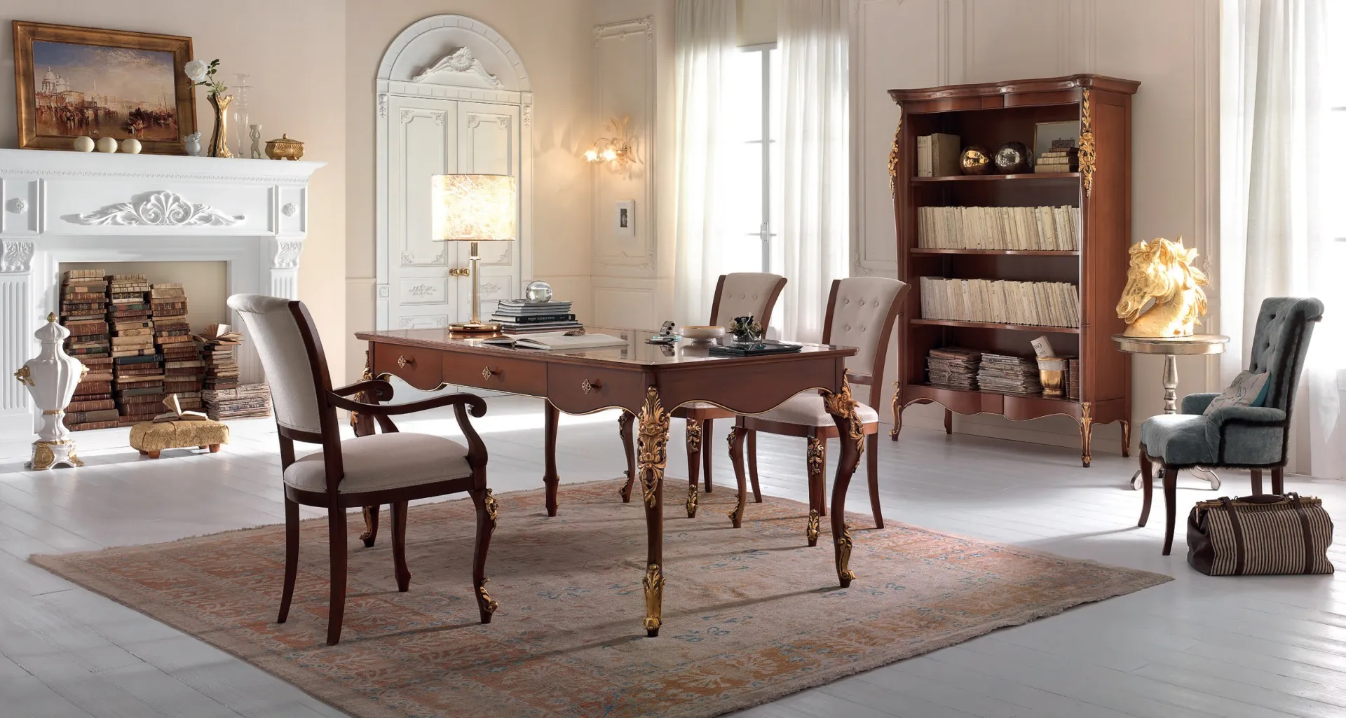 Studio Venere Imba con scrivania, libreria e sedie in noce