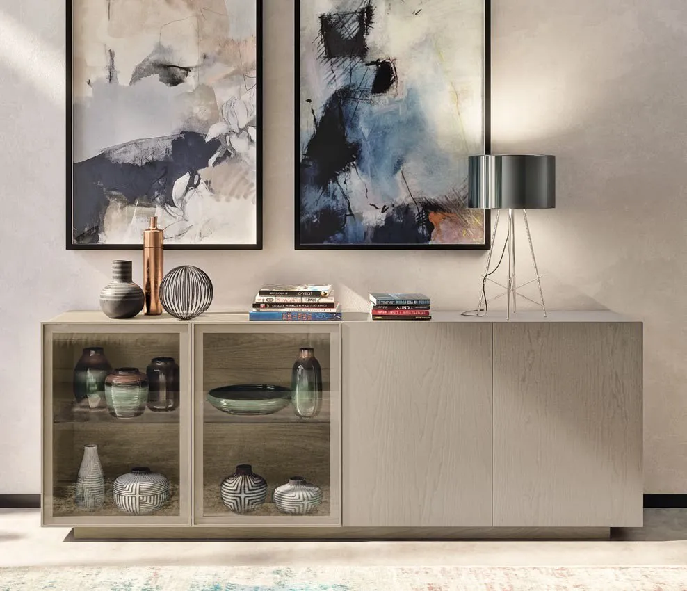 Credenza Nova Luce Imba grigio cenere con ante a vetri e ceramiche