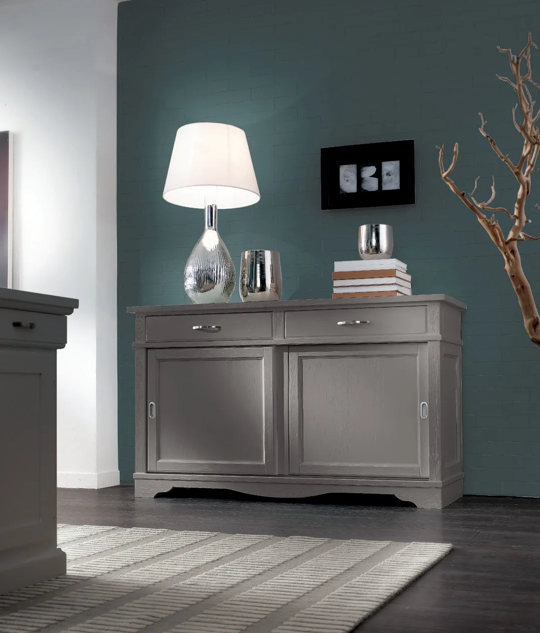 Credenza Country Imba grigia anticata con lampada bianca