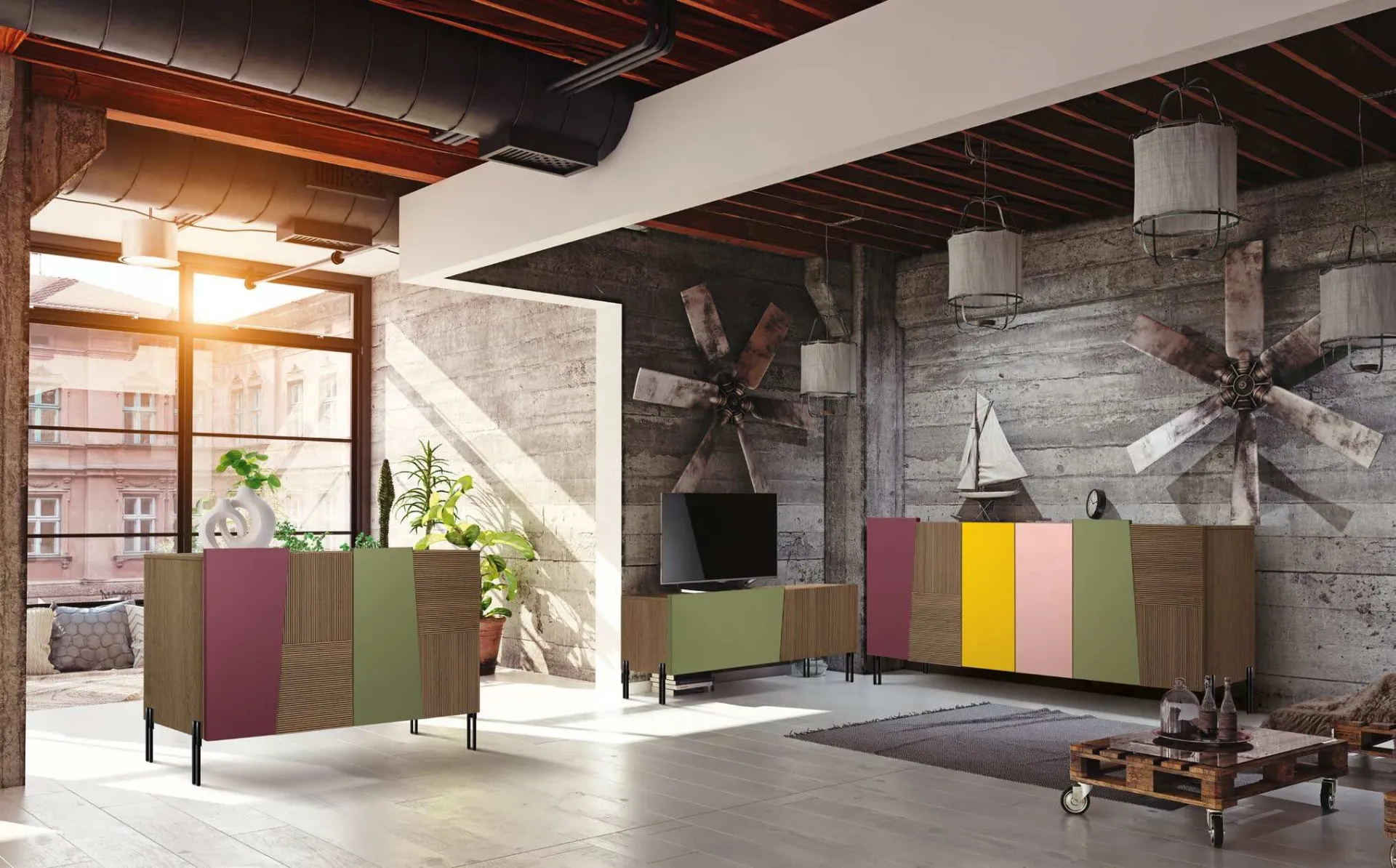 Due madie in frassino Imba Icon 2.4 con ante colorate in un loft industriale
