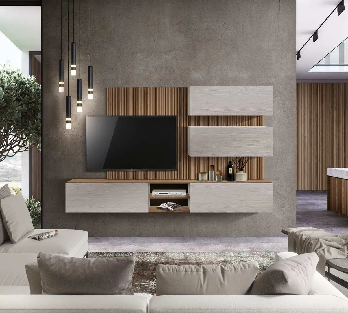 Composizione in frassino Imba Icon 2.4 con boiserie e pensili a giorno