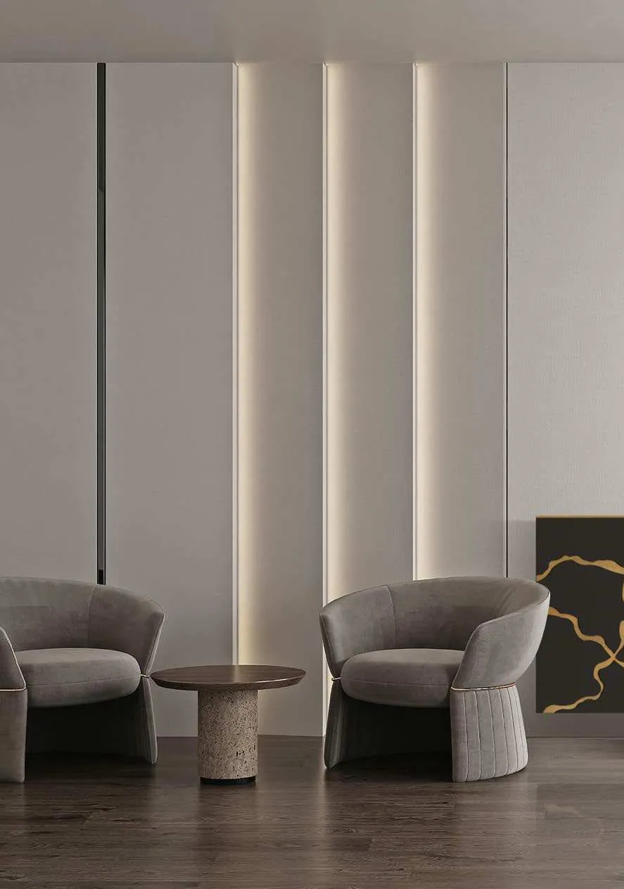 Boiserie a righe Imba Icon 2.4 con fasce luminose dietro due poltroncine