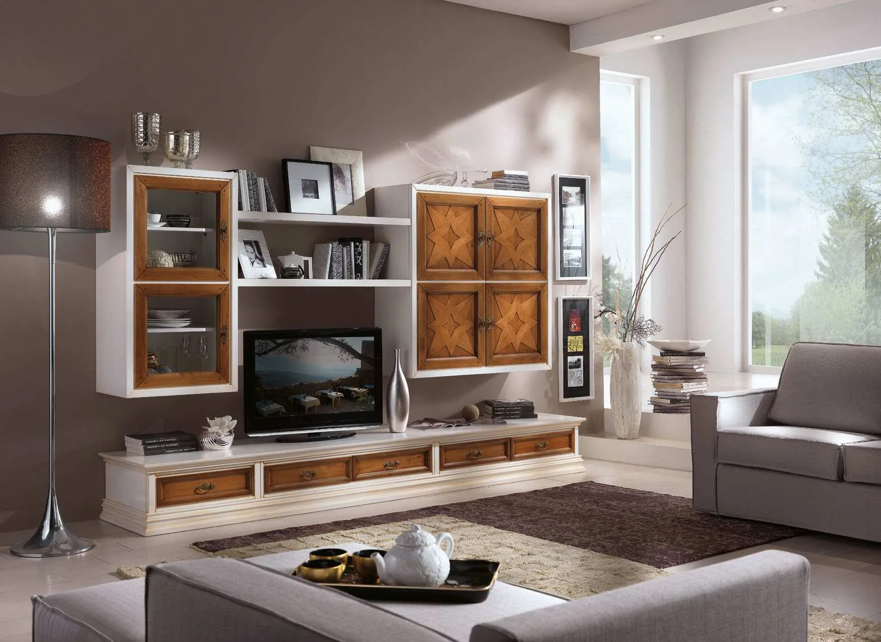 Soggiorno in noce tanganika Imba Icon 2.4 con vano TV e ante a rilievo