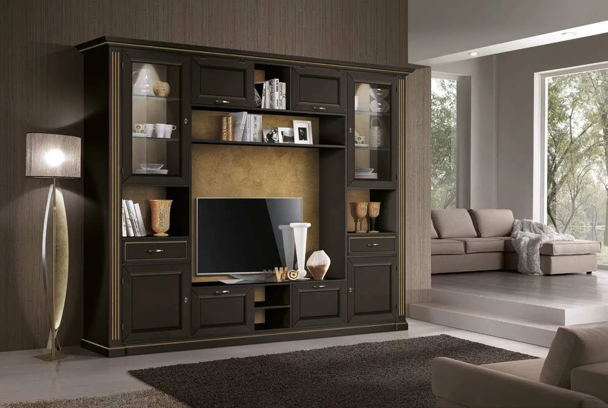 Composizione Imba Icon 2.4 scura con librerie a giorno e vetrine