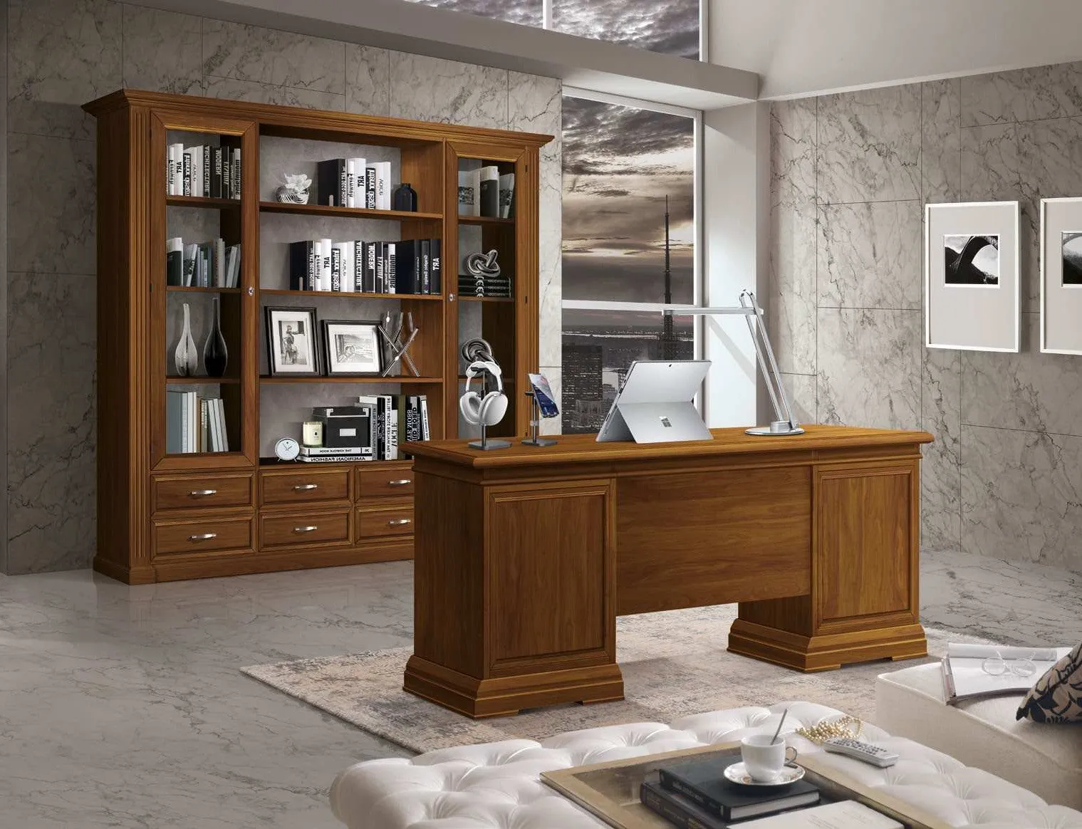 Scrivania in noce tanganika Imba Icon 2.4 a sei cassetti davanti a una libreria