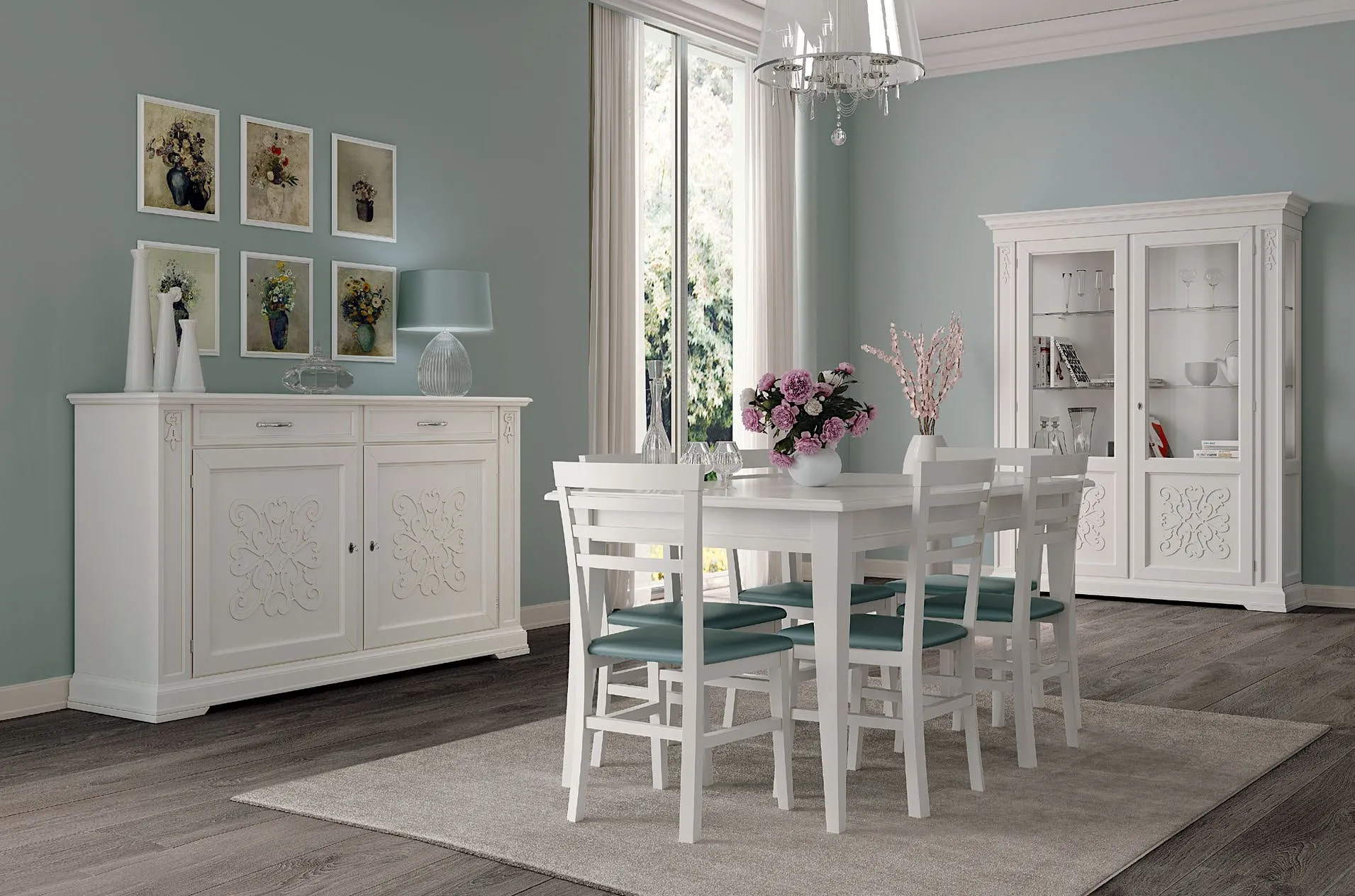 Credenza con decoro Imba Icon 2.0 bianca con tavolo e sedie bianche
