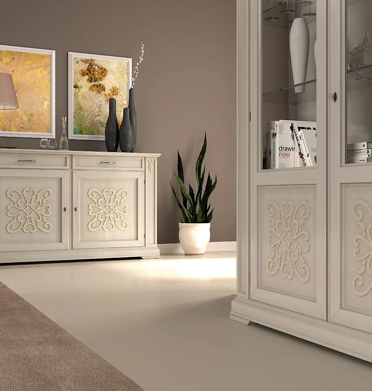 Credenza decorata Imba Icon 2.0 bianca in un soggiorno luminoso