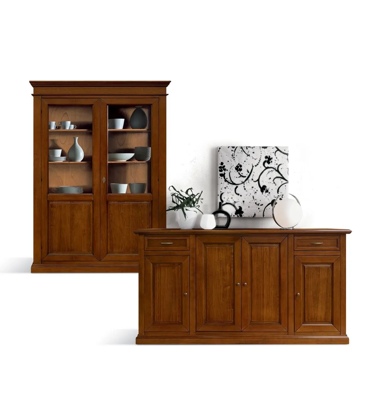 Vetrina Imba Icon 2.0 in noce su credenza bassa, foto su fondo bianco
