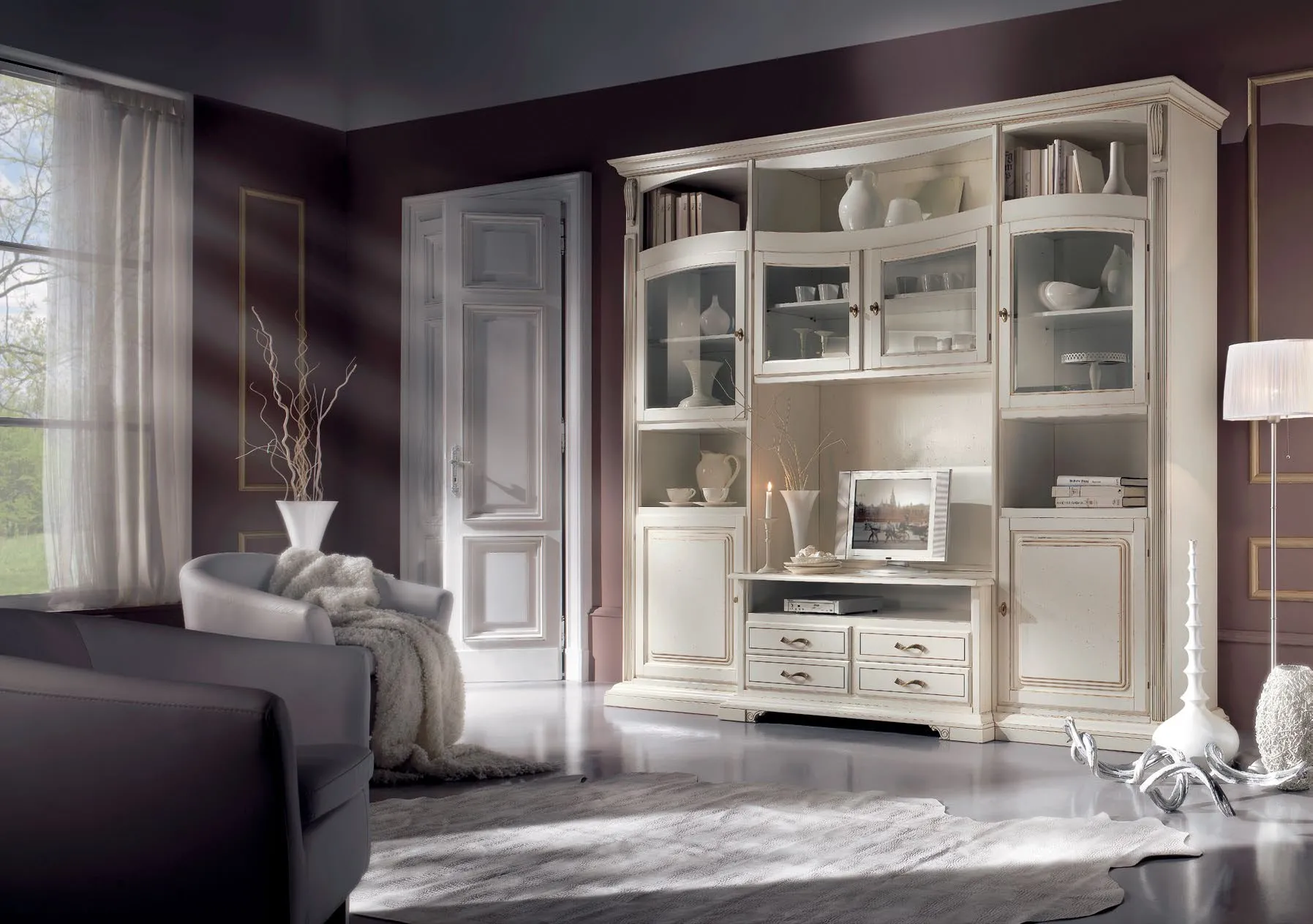 Soggiorno classico Imba Icon 2.0 bianco con vetrine e vano TV