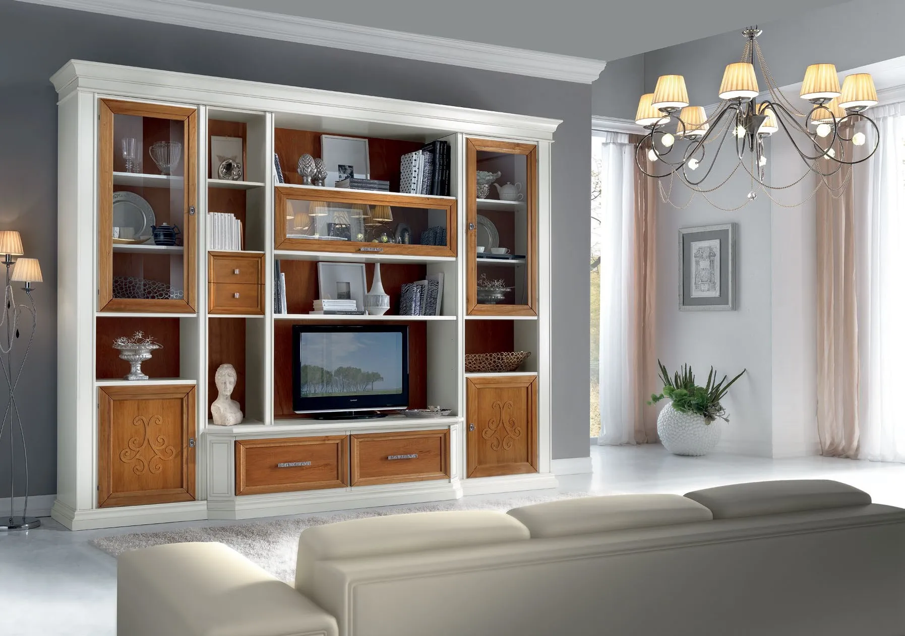 Soggiorno con ante intagliate Imba Icon 2.0 bianco e legno con vano TV