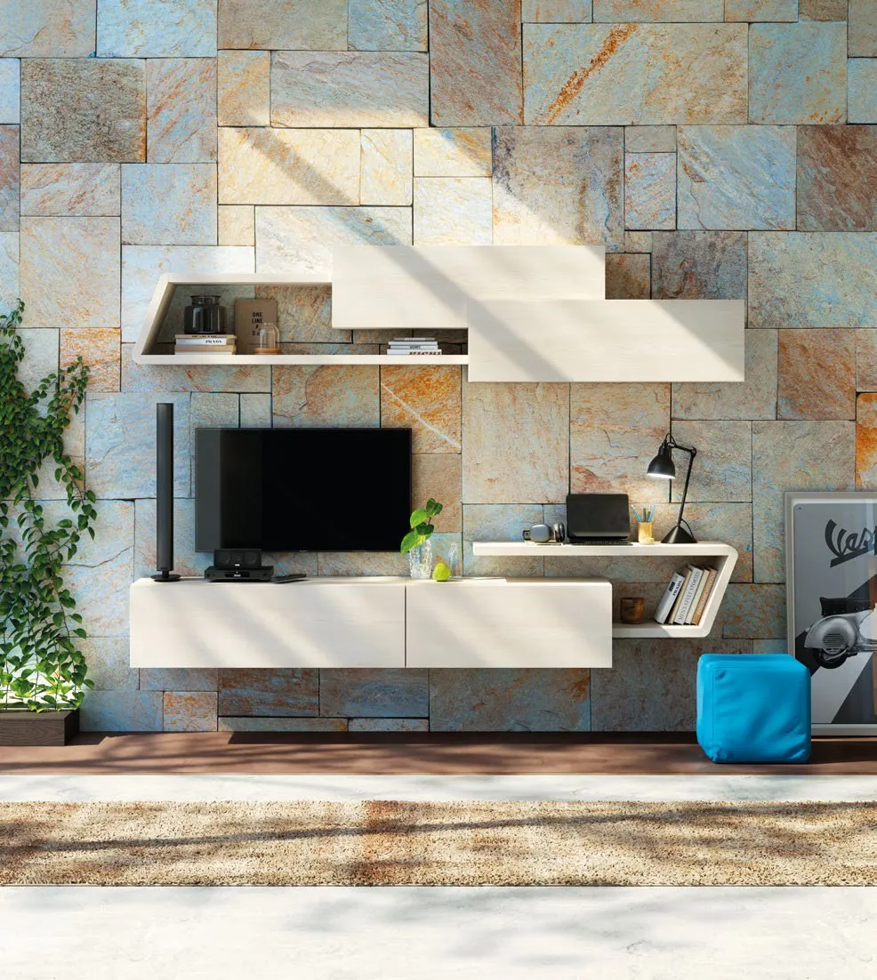 Composizione Nova 18 Imba bianca con piani a muro e pouf blu