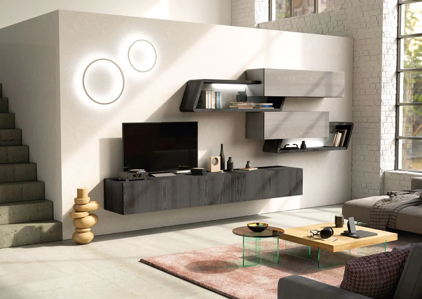 Soggiorno componibile Nova 20 Imba antracite e grigio con luci circolari