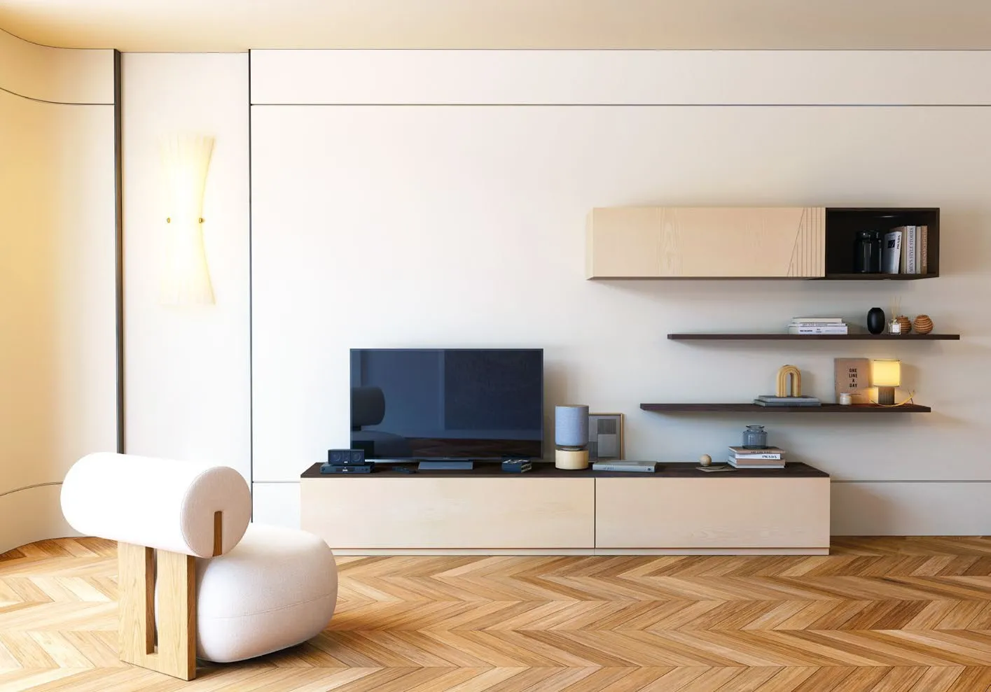 Soggiorno componibile Nova 24 Imba chiaro con mensole scure e parquet