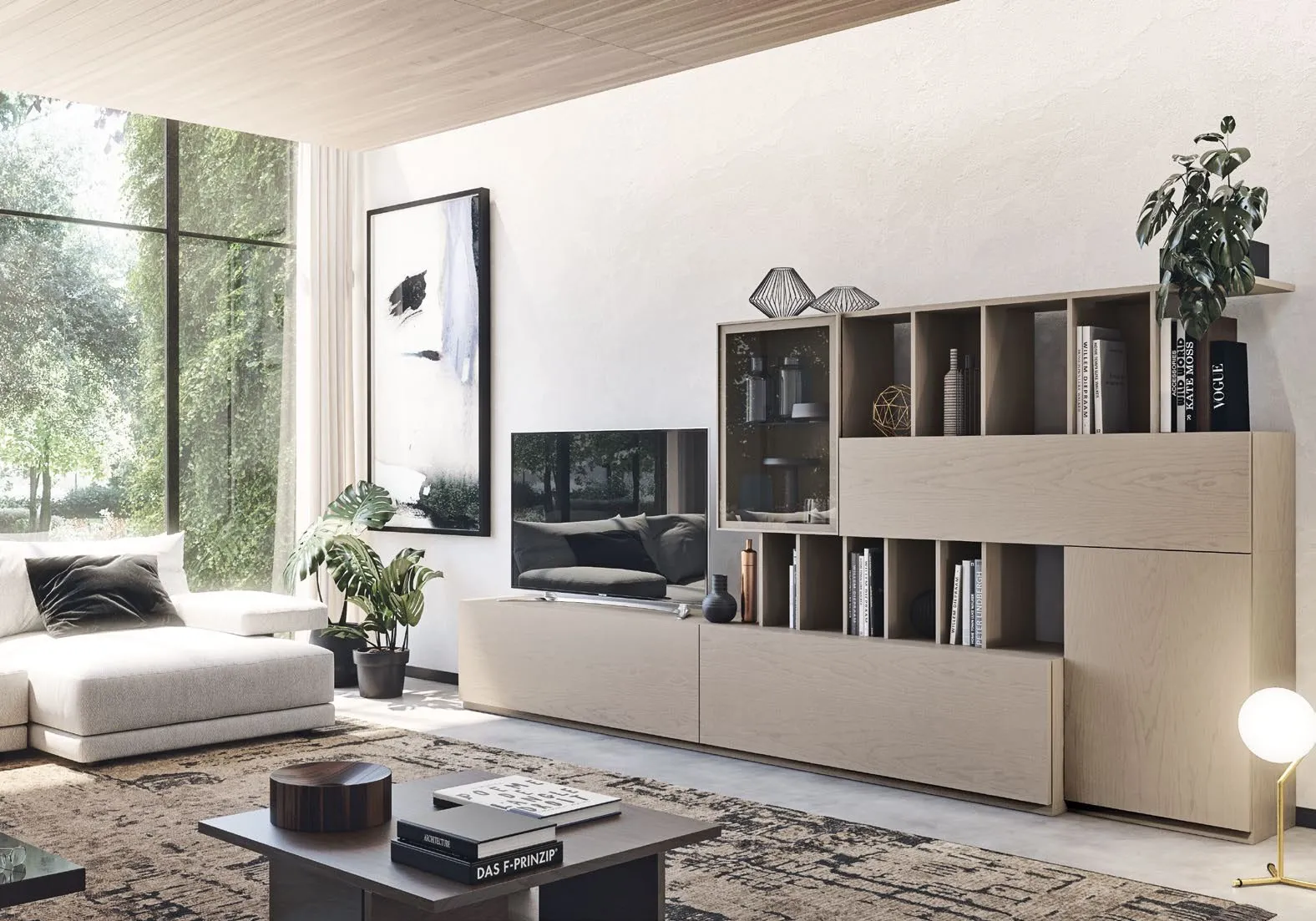 Soggiorno componibile Nova 2 Imba Grigio Cenere con libreria a giorno e divano bianco