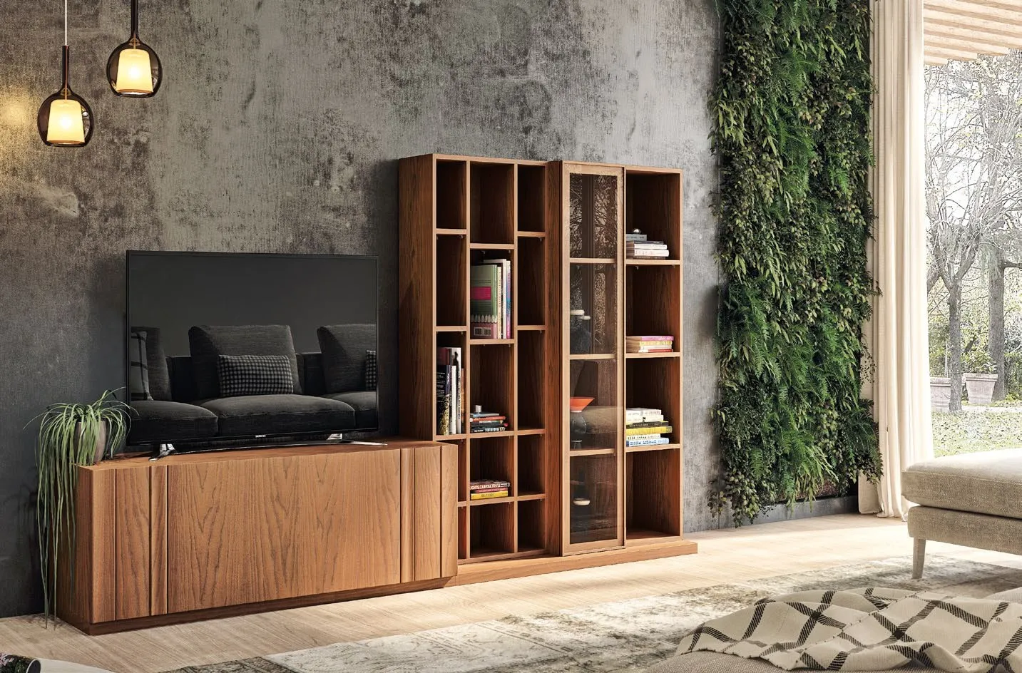 Soggiorno componibile Nova 5 Imba in Terra di Siena con libreria a vani e parete verde
