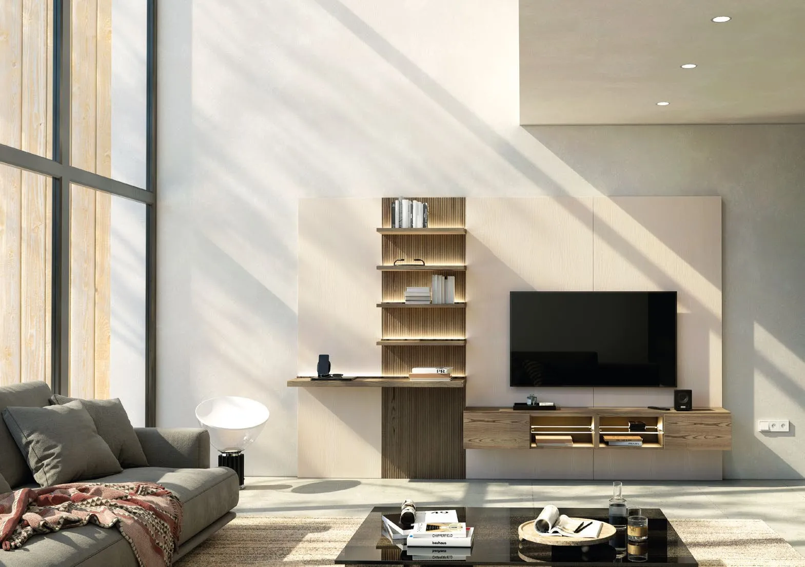 Parete Nova 32 Imba con boiserie e mensole illuminate in un soggiorno con vetrata
