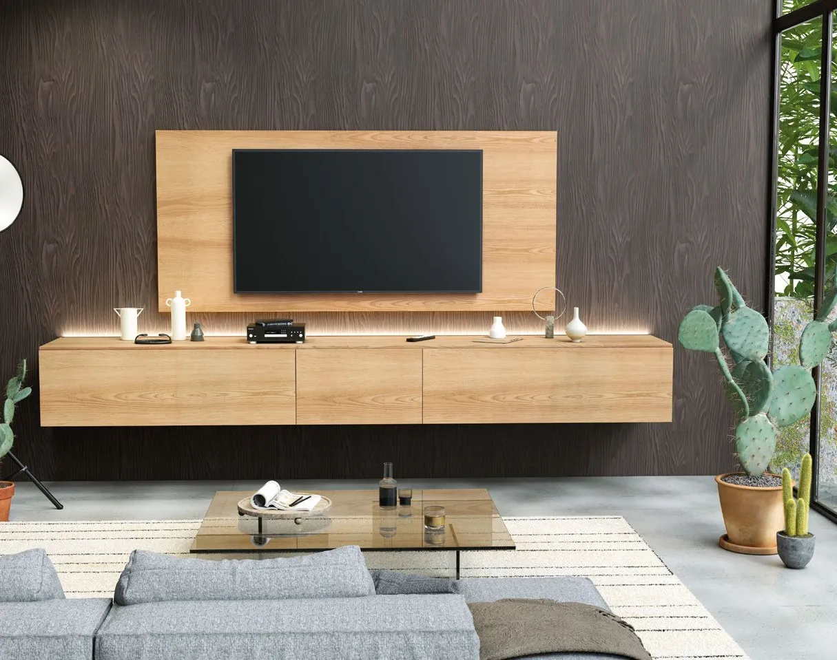 Parete TV Nova 33 Imba in frassino Corda con boiserie e base sospesa