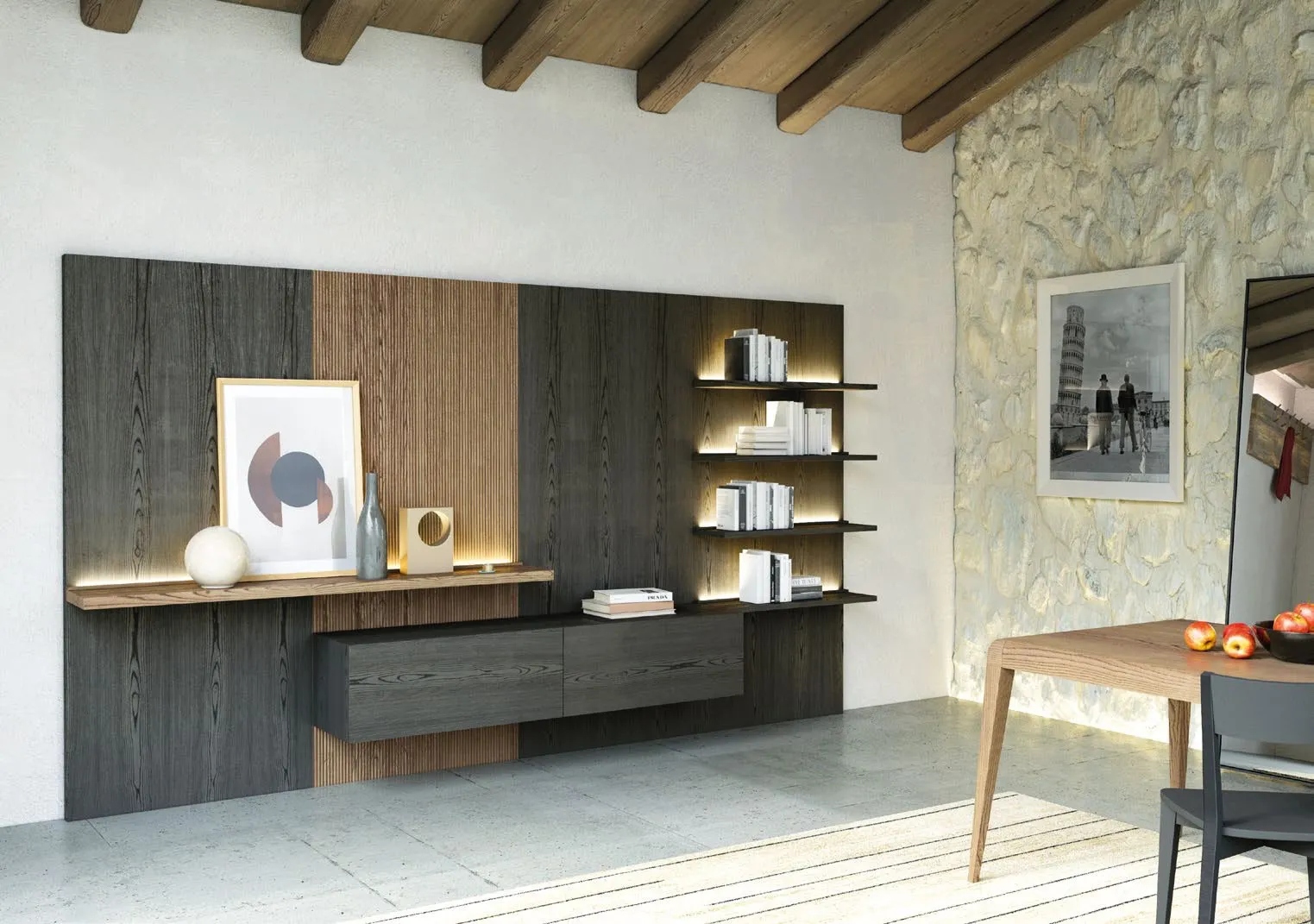 Parete Nova 34 Imba con boiserie antracite, pensili sospesi e mensole luminose