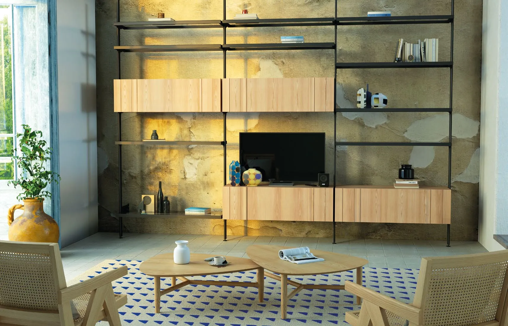Composizione libreria 1 Nova Imba con spalle nere e contenitori in frassino Corda