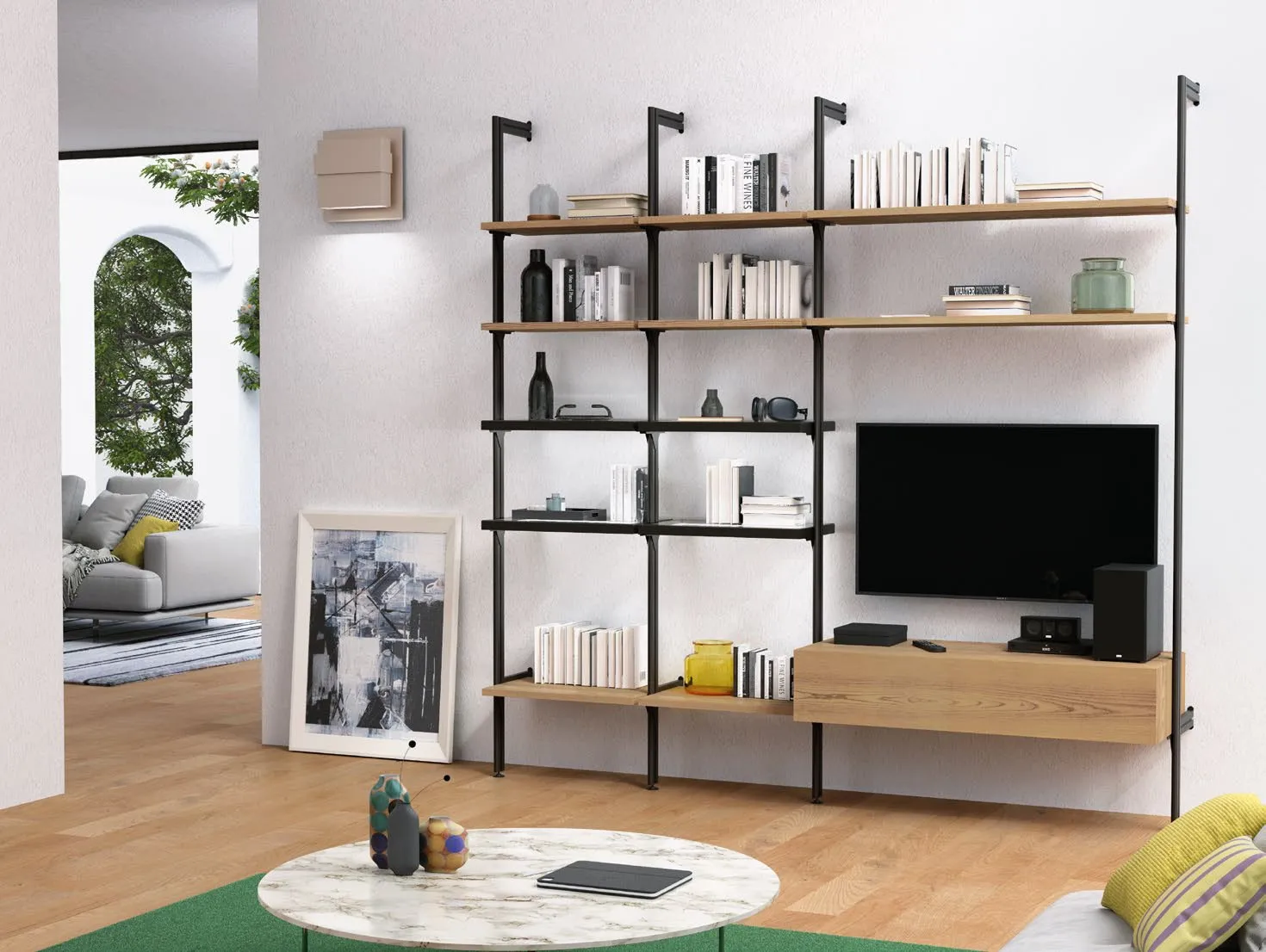 Composizione libreria 3 Nova Imba con televisore e base a cassettone in frassino Argilla