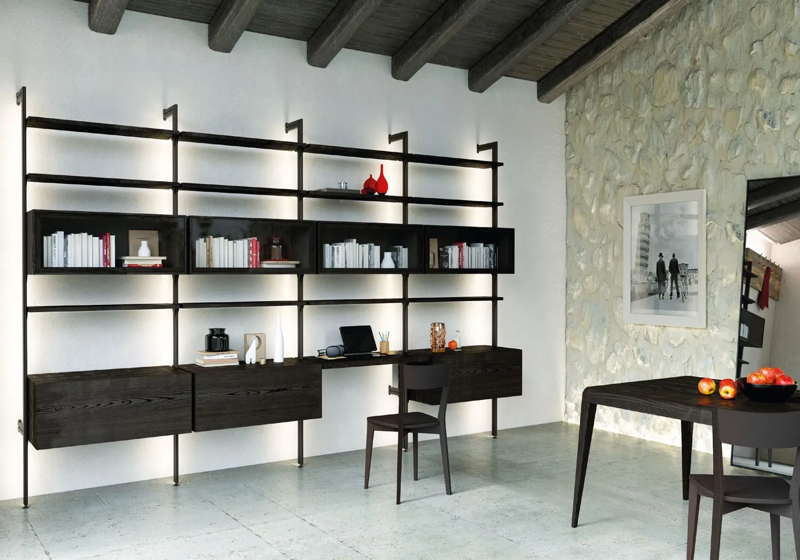 Composizione libreria 5 Nova Imba con piano scrivania e contenitori scuri