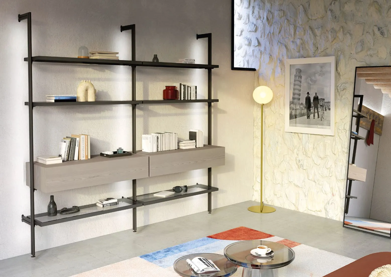 Composizione libreria 6 Nova Imba con spalle nere e base sospesa Grigio Cenere