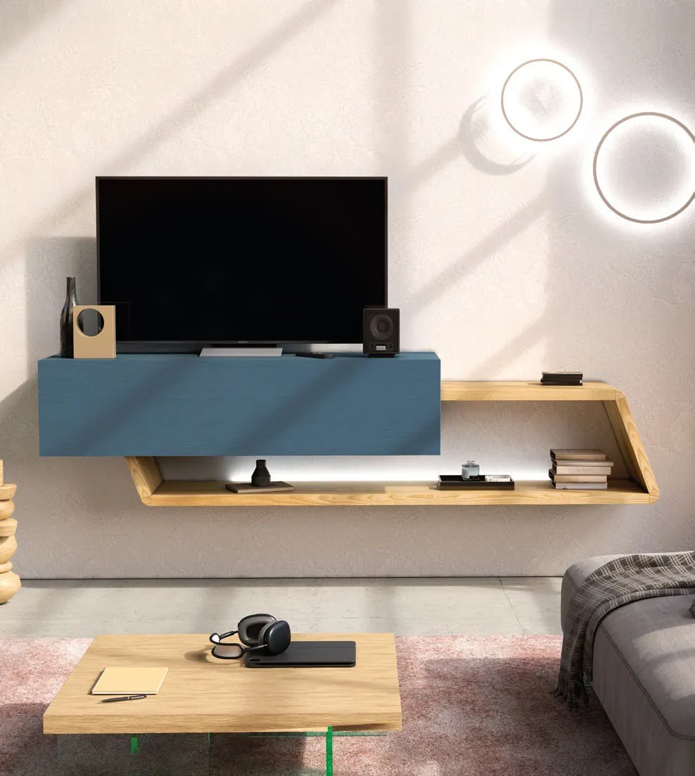 Porta TV Nova 1 Imba blu e frassino con luci sotto il piano a muro