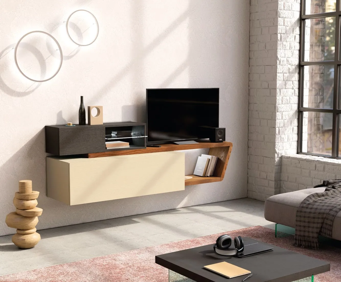 Porta TV sospeso Nova 2 Imba in laccato chiaro e antracite con piano in legno