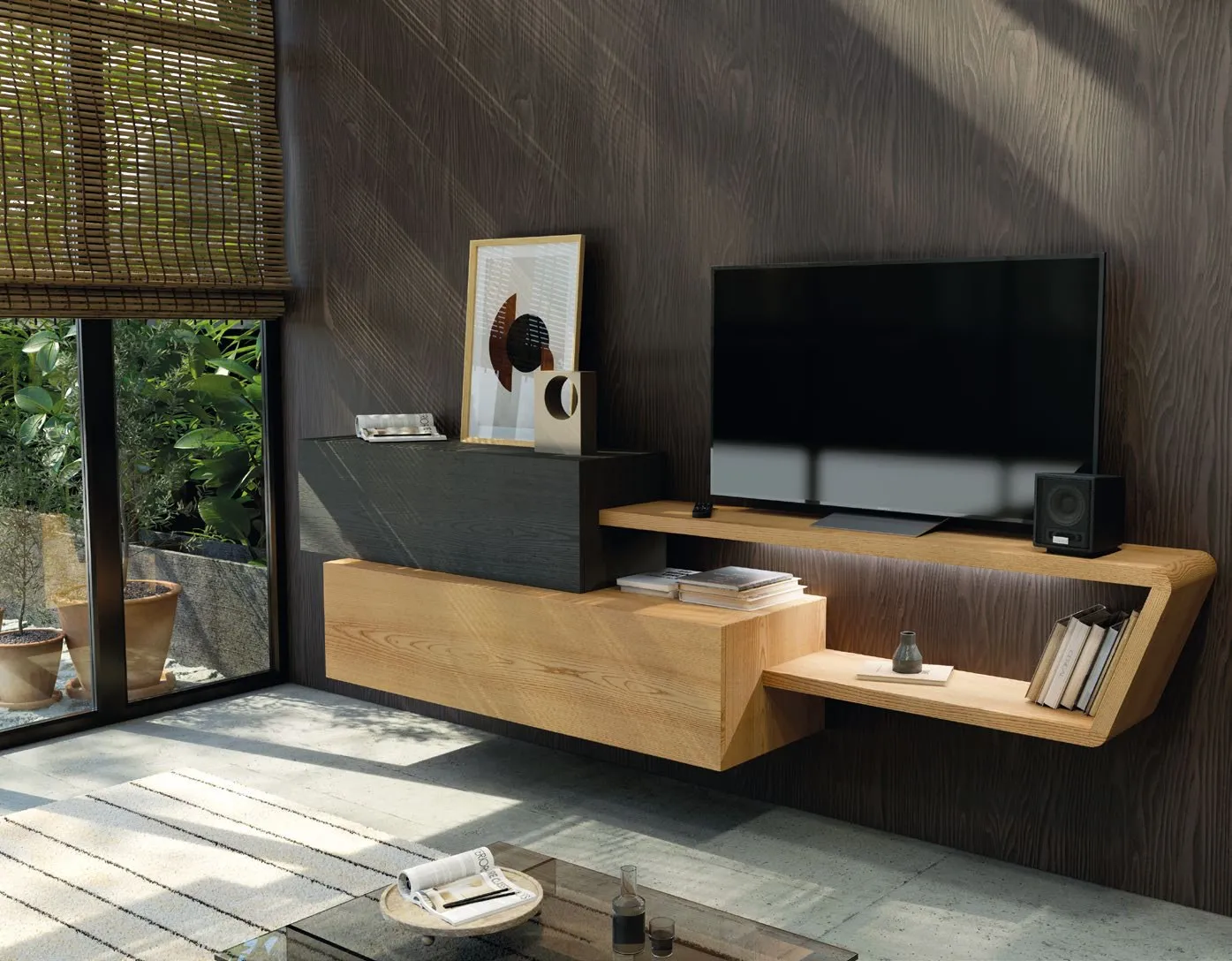 Porta TV Nova 3 Imba con mensola illuminata e televisore, vista di lato