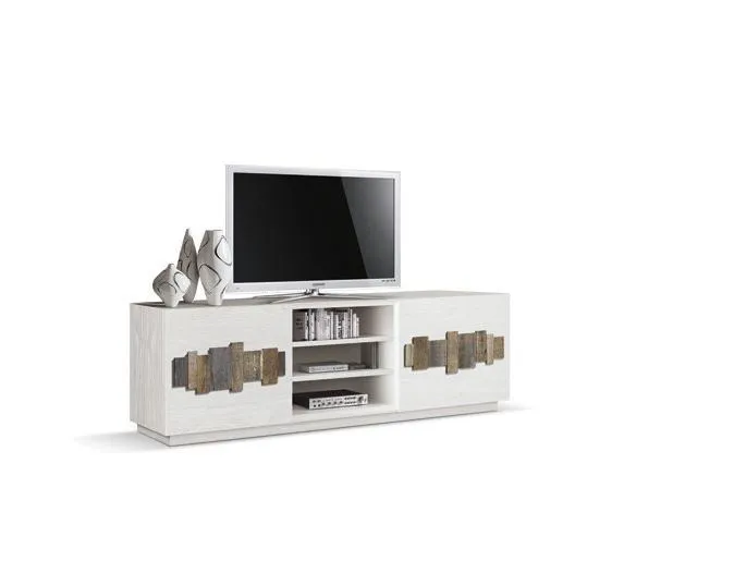 Porta TV bianco Trend Style Imba con fascia in legno antico, foto su fondo bianco